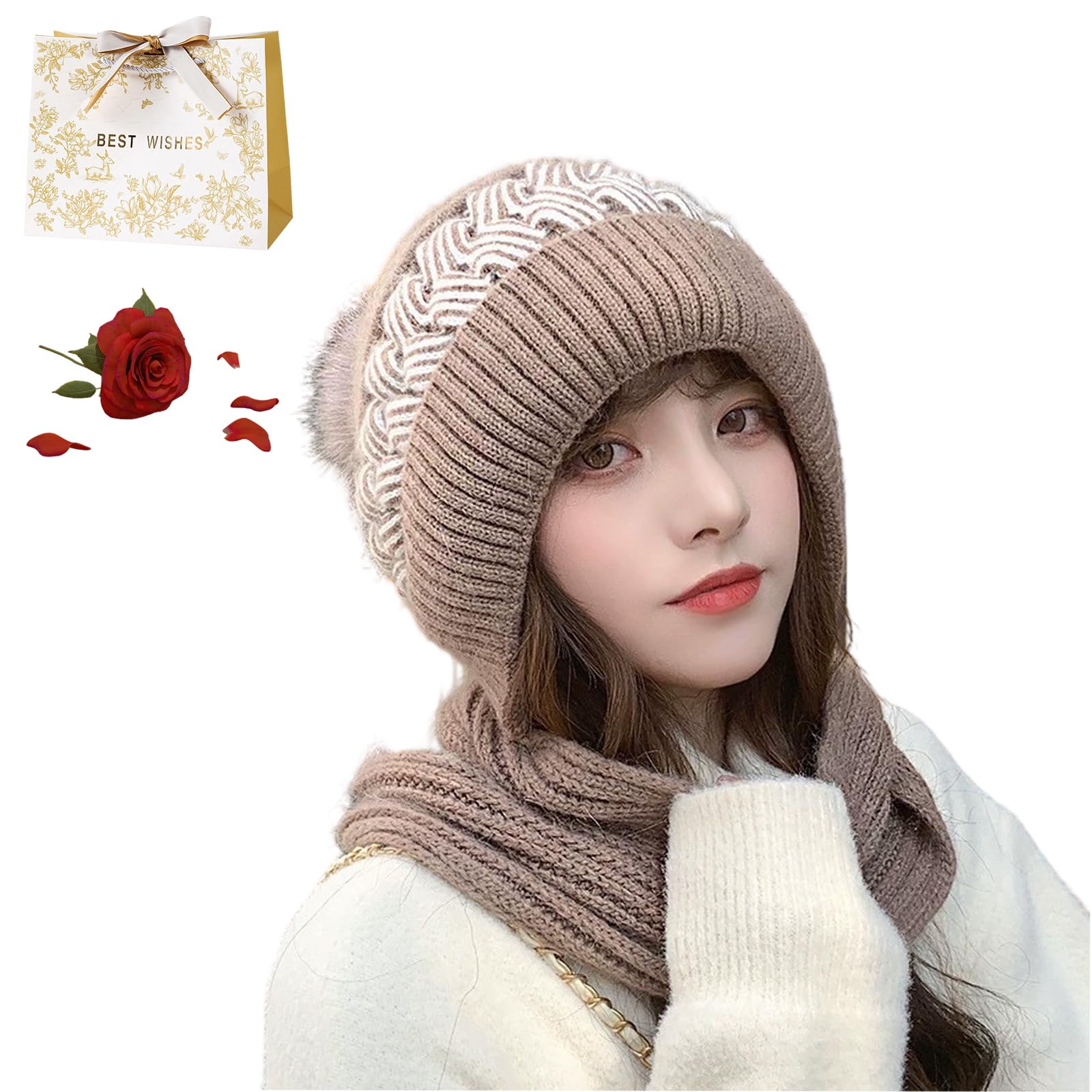 Winter Versatile Knitted Hooded Scarf For Women, Hooded Scarf Women, 2 In 1 Integrated Ear Protection Windproof Hats And Scarves, All In One Hat And Scarfs, Double The Warmth (1PC-G)