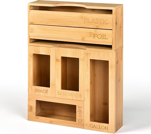 LAPTAIN Dispensador de envoltura de plástico con cortador y organizador de bolsas Ziplock, juego de 5 organizadores de papel de bambú y plástico