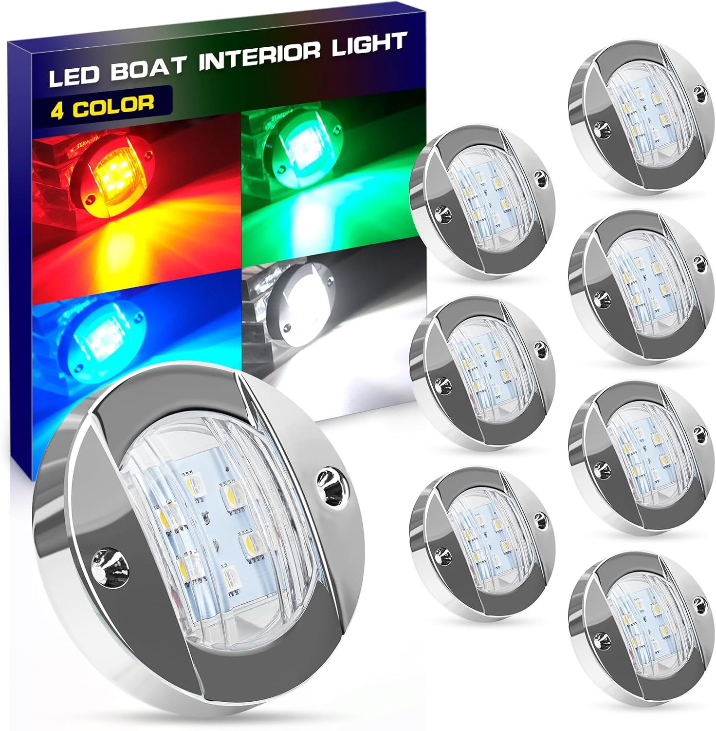 UCINNOVATE 8x LED Round Boat Lights, Navigation Light, Courtesy Lights, 4-Color Boat Interior Lights, 12V Boats Transom Light for Yacht, Pontoon Boating, Sailboat, Kayak (Red/Green/Blue/White)