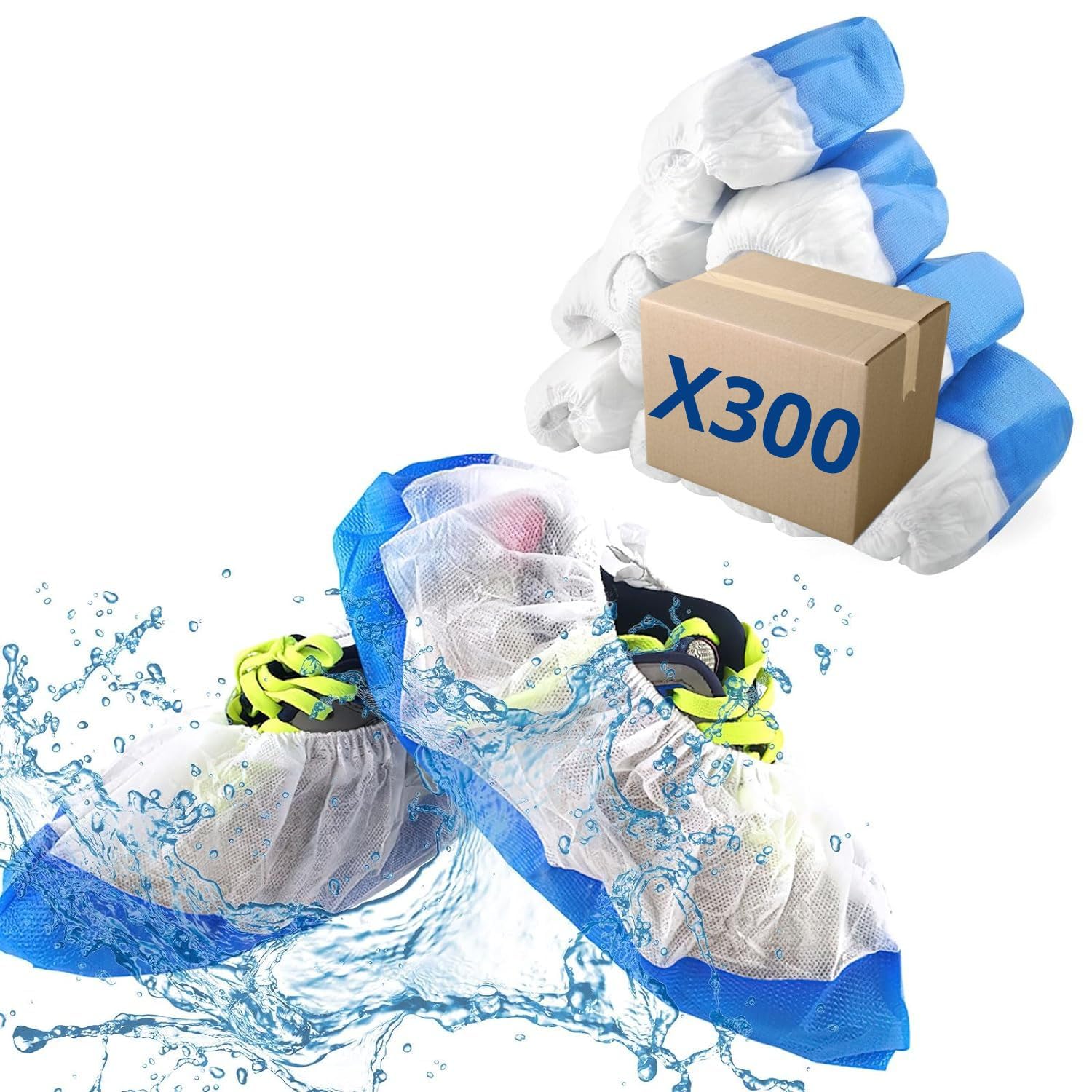 Rutschfester Überschuh aus PLP-Vlies | 300 Stück wasserdichte Schuhüberzüge | blaue geprägte Sohle | elastischer Halt | Größe bis 47.