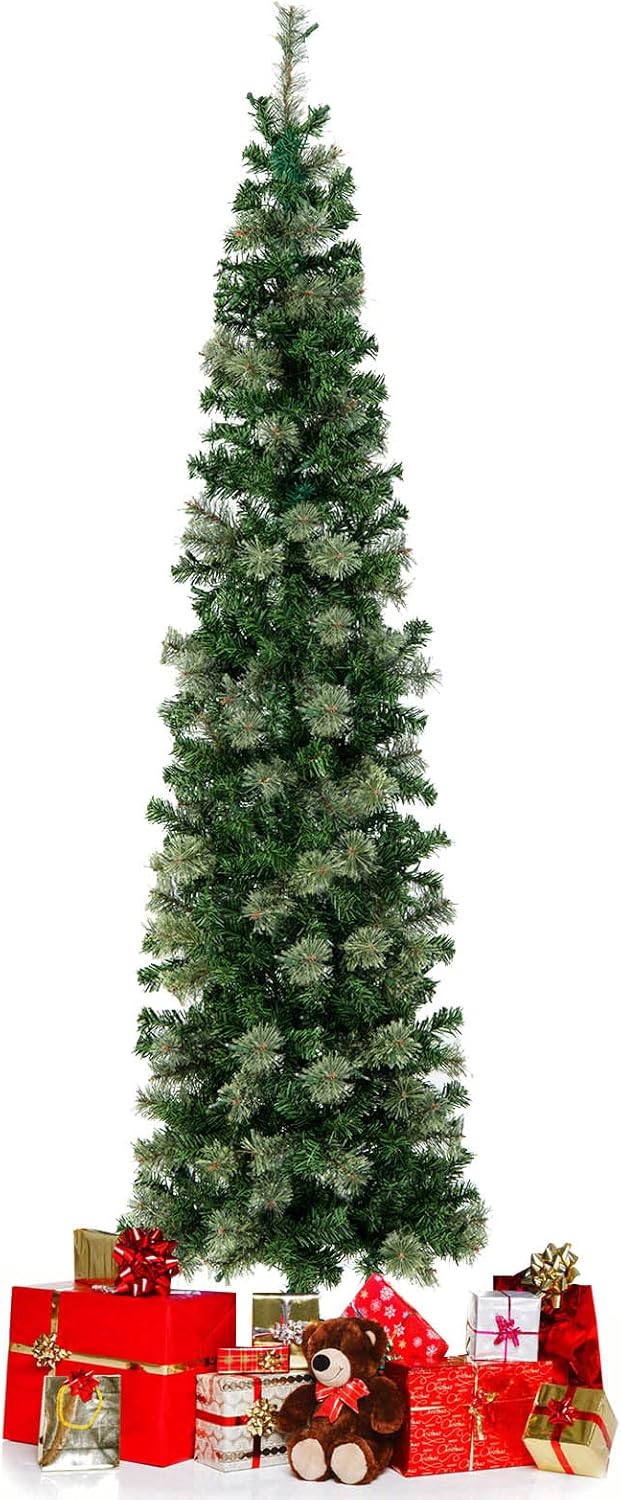 Goplus 7ft Pre-Lit Half-Shape Christmas Tree, Artificial Xmas Tree W/ 403 Branch Tips, 150 Warm White Lights, Folding Metal Stand, PVC & Pine Needles, for Indoor, Office, Home, Party, Holiday Decor