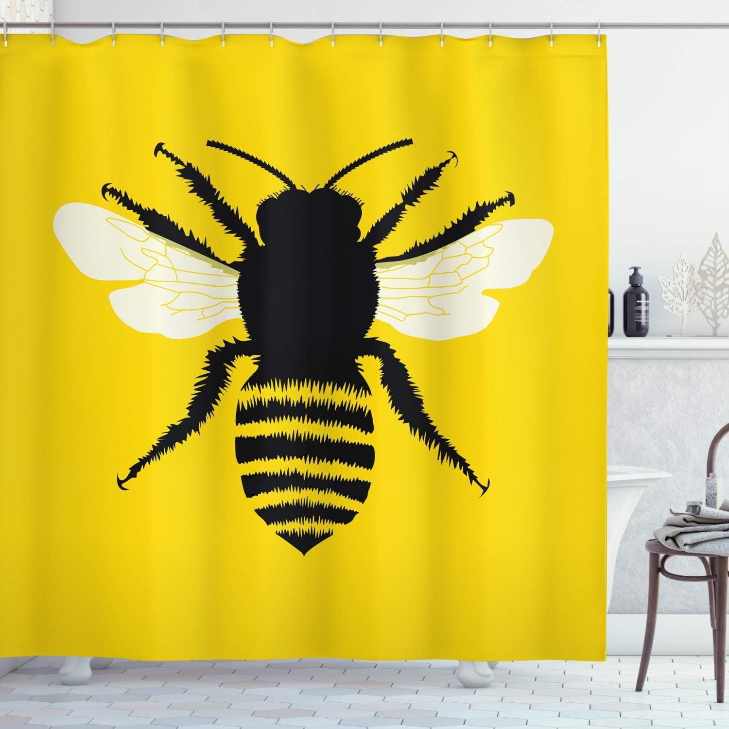 Ambesonne Queen Bee Shower Curtain, Silhouette of Honeybee with Stripped Design and Detailed Wings Abstract, Cloth Fabric Bathroom Decor Set with Hooks, 69" W x 84" L, Black Yellow White