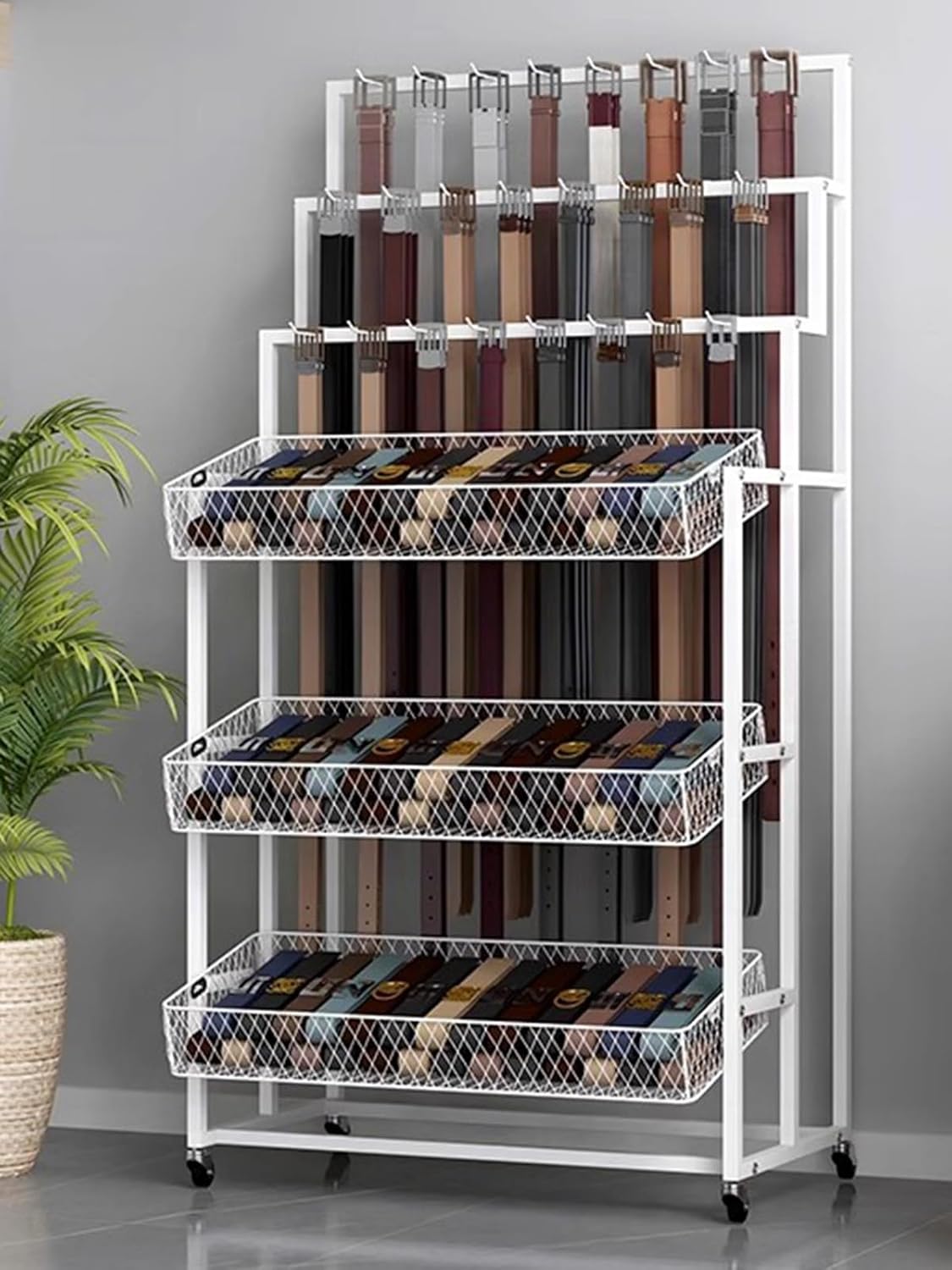 Belt Rack For Store, 24 Hooks Belt Hanger For Closet With 3 Storage Basket And Wheels, Portable Belt Storage Retail Display Holder For Clothing Store/Boutiques,Whitel X W 80X150Cm/31.5X59 In