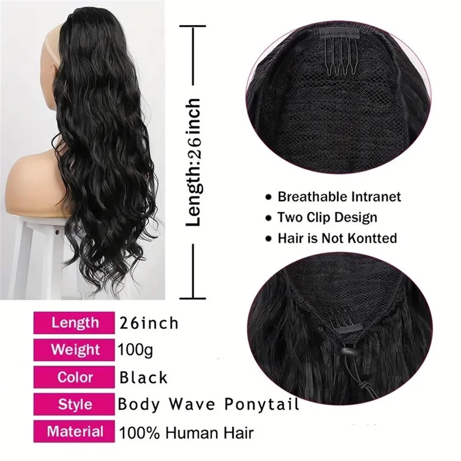 Przedłużenie kucyka Przedłużki z włosów ludzkich Body Wave ze ściągaczem, brazylijskie przedłużki dla kobiet #1B Koński ogon(24inches)