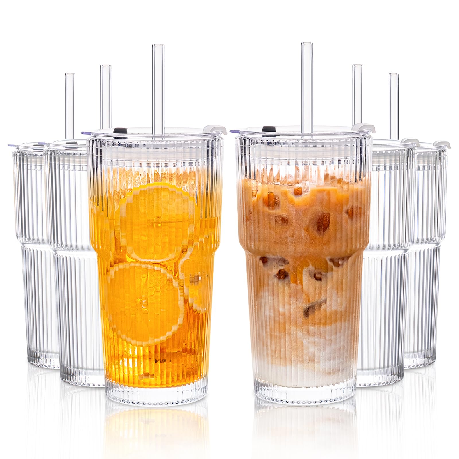 KEMORELA 6-Pack 600ml Ribbed Glass Tumblers with Leakproof Lids & Straws - Lead-Free Premium Glass Set for Iced Coffee, Smoothies & Juice, Dishwasher Safe, Ideal for Home/Office/Parties/Car & Present