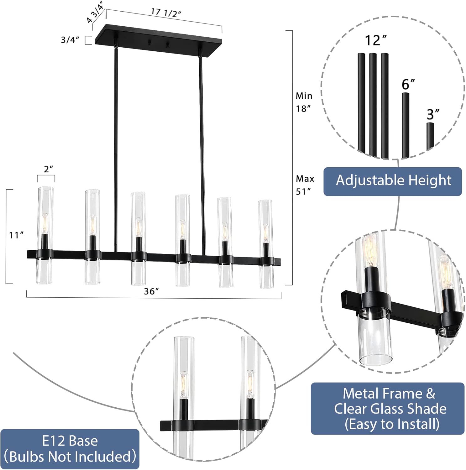 Untrammelife Modern Linear Island Light,6-Light Black Large Chandelier 36" W Rectangle Pendant Light with Clear Glass Shade,45 in Adjustable Rod Farmhouse Hanging Light Dining Room Kitchen Island Linear - 6 Light 36'' Black