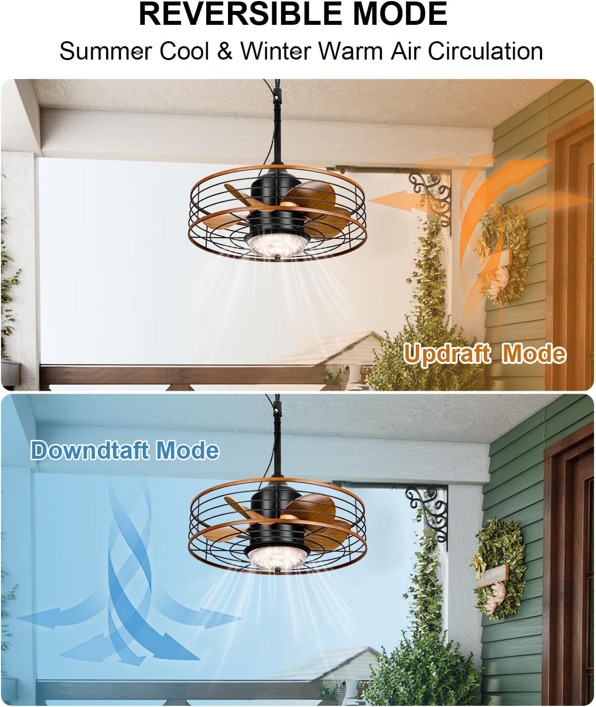 Outdoor Waterproof Caged Ceiling Fan with 3 Color LED Light, App/Remote Control, Quiet DC Motor, Plug-in Cord Hook Installation,Gazebo Ceiling Fan with Light for Patios, Pergola, Canopy