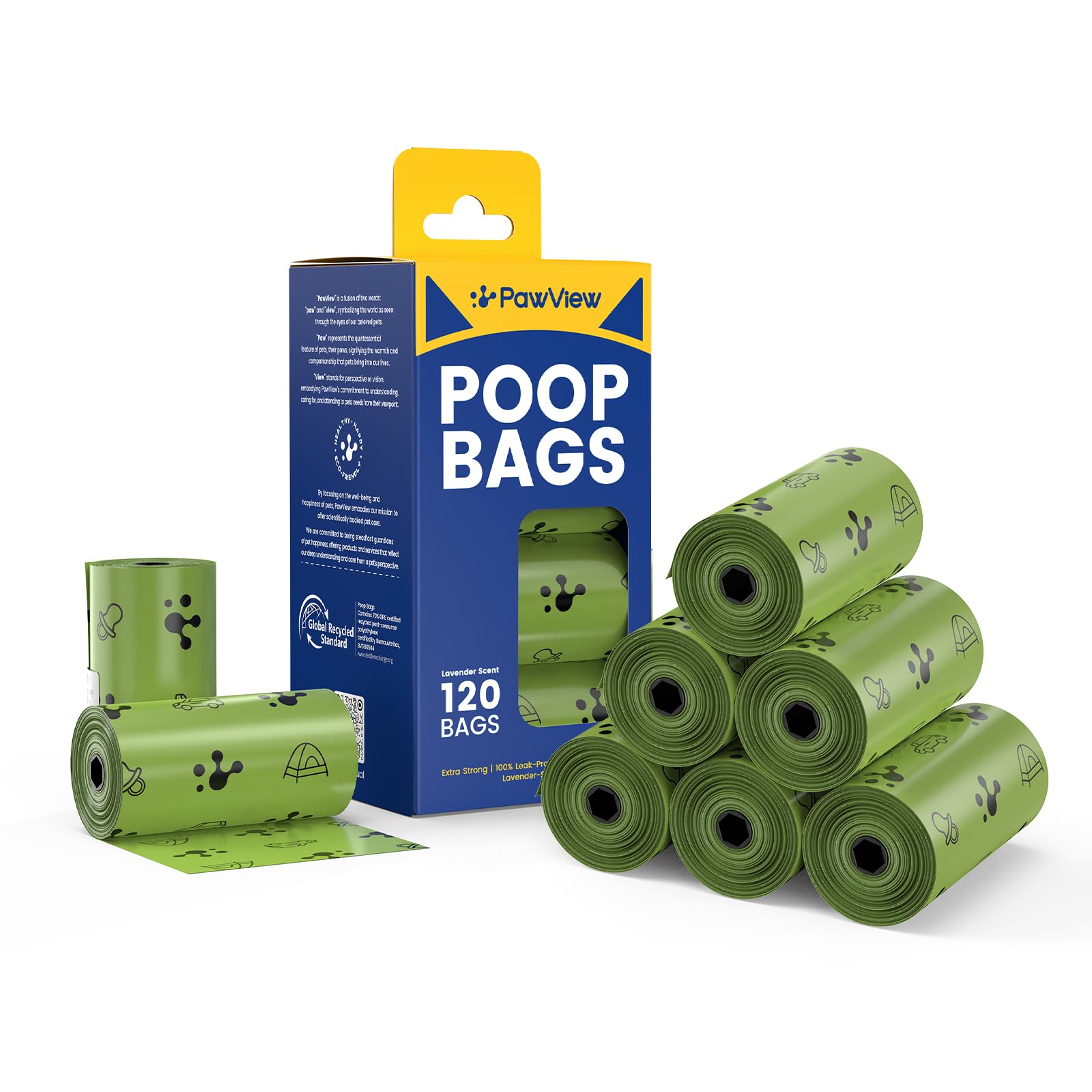 PawView Dog Poop Bags 8 Rolls -Waste Bag Extra Thick Strong 100% Leak Proof, Lavender Scented Strong Odor Control,120 Bags(Green)