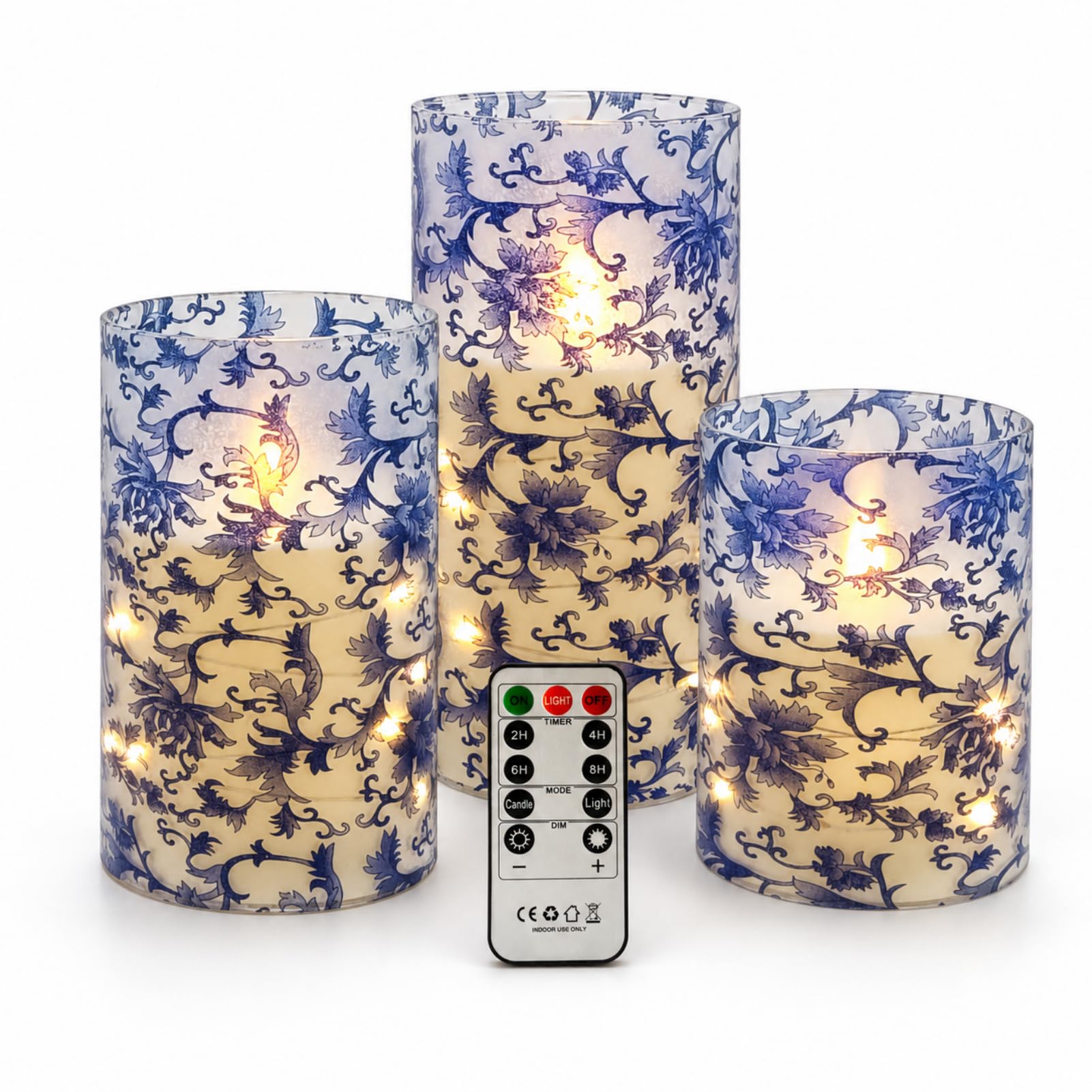 Blue and White Flameless Pillar Candles, 3 Pack, Remote Timer