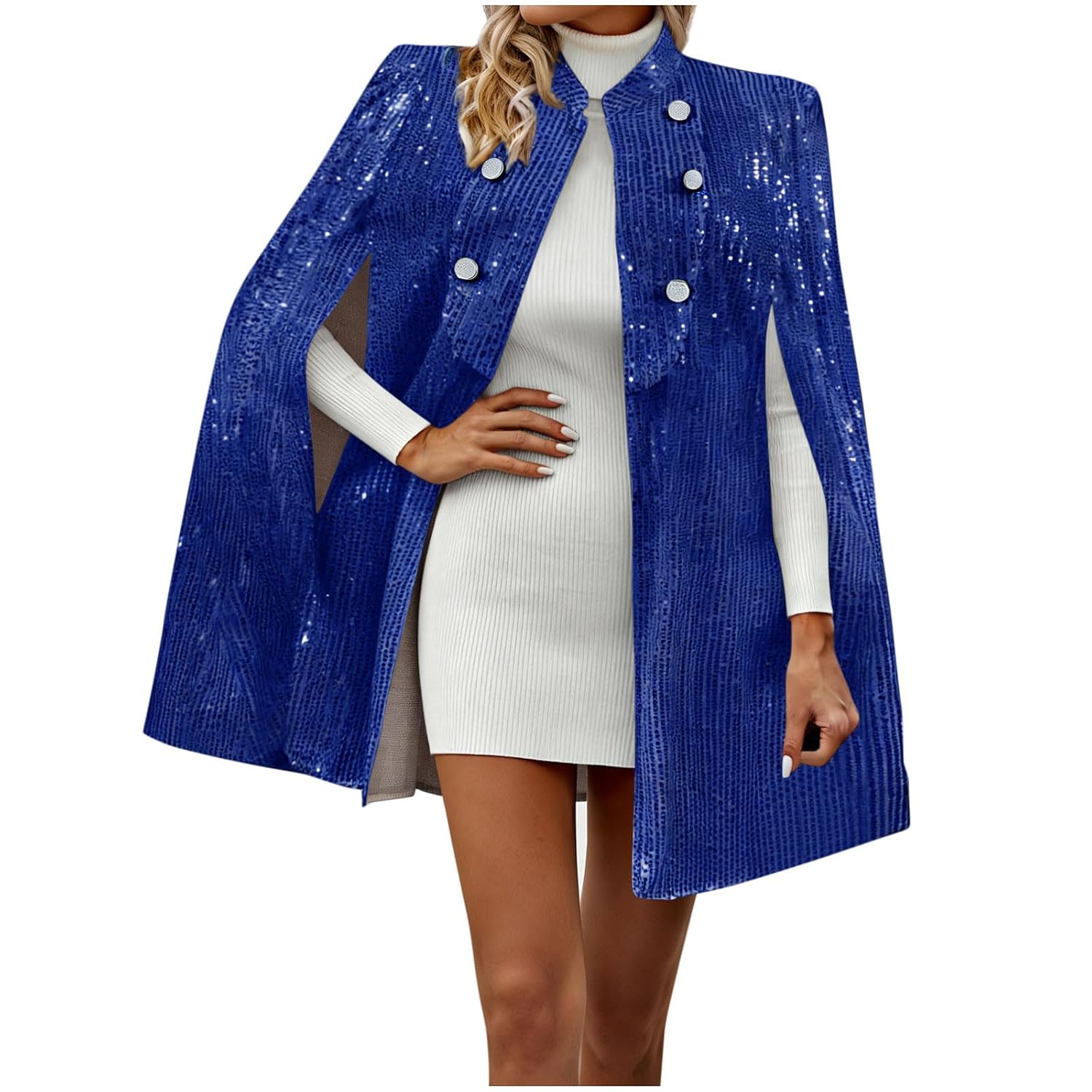 Womens Sequin Cape Coat Stand Collar Button Sleeveless Sparkly Open Front Cardigan Formal Evening Party Outerwear
