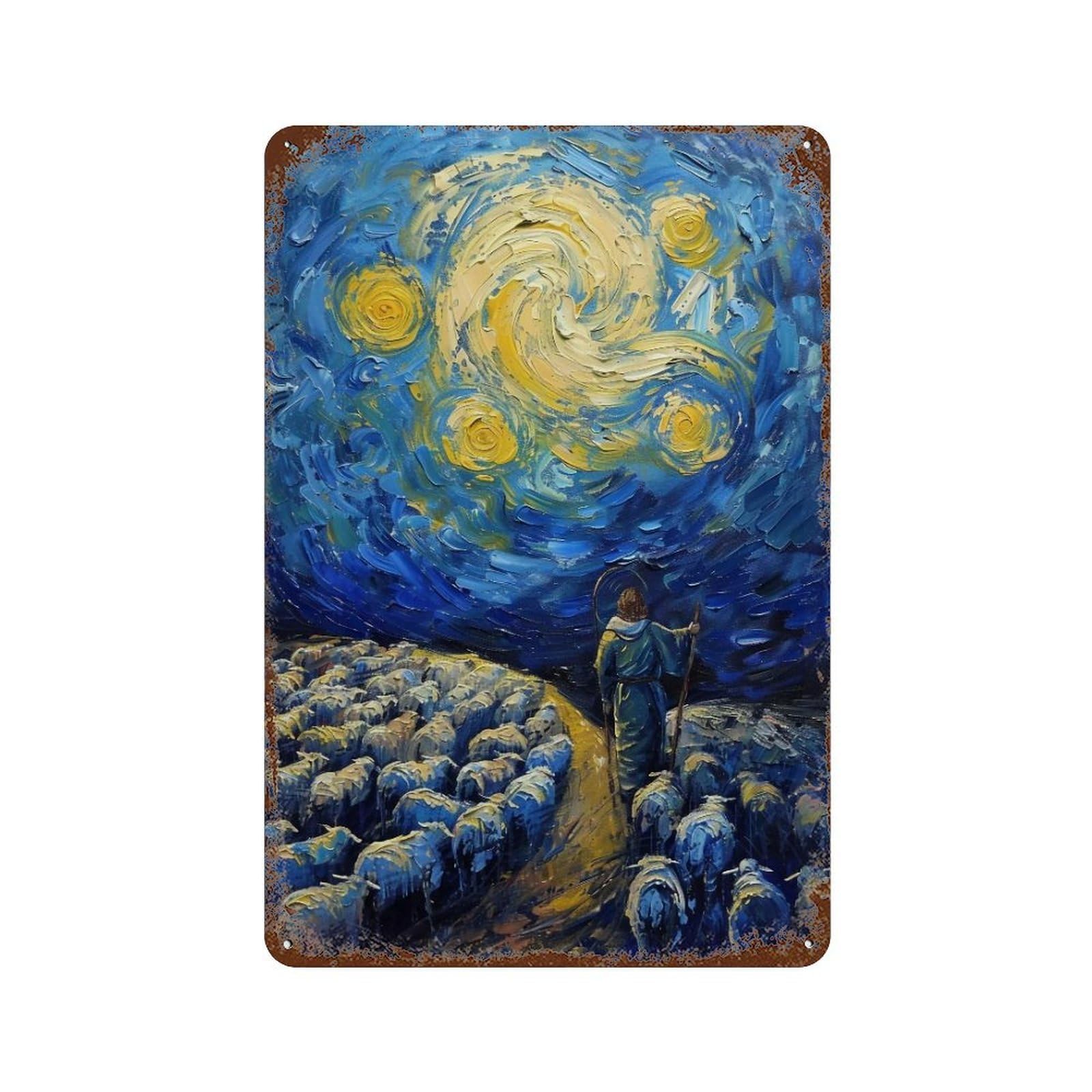 YHGERTKU Starry Night Shepherd 02 Wall Art Retro Iron Vintage Metal Tin Sign Poster Modern Decor for Living Rooms Gift 30x20cm