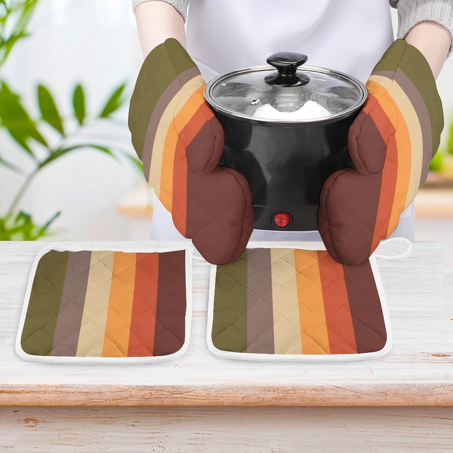 Red Orange Yellow Green Brown Oven Mitts and Pot Holders, 4PCS Heat Resistant Oven Mitts Glove Sets Kitchen Microwave Anti-Scald Pot Holders for Baking Cooking