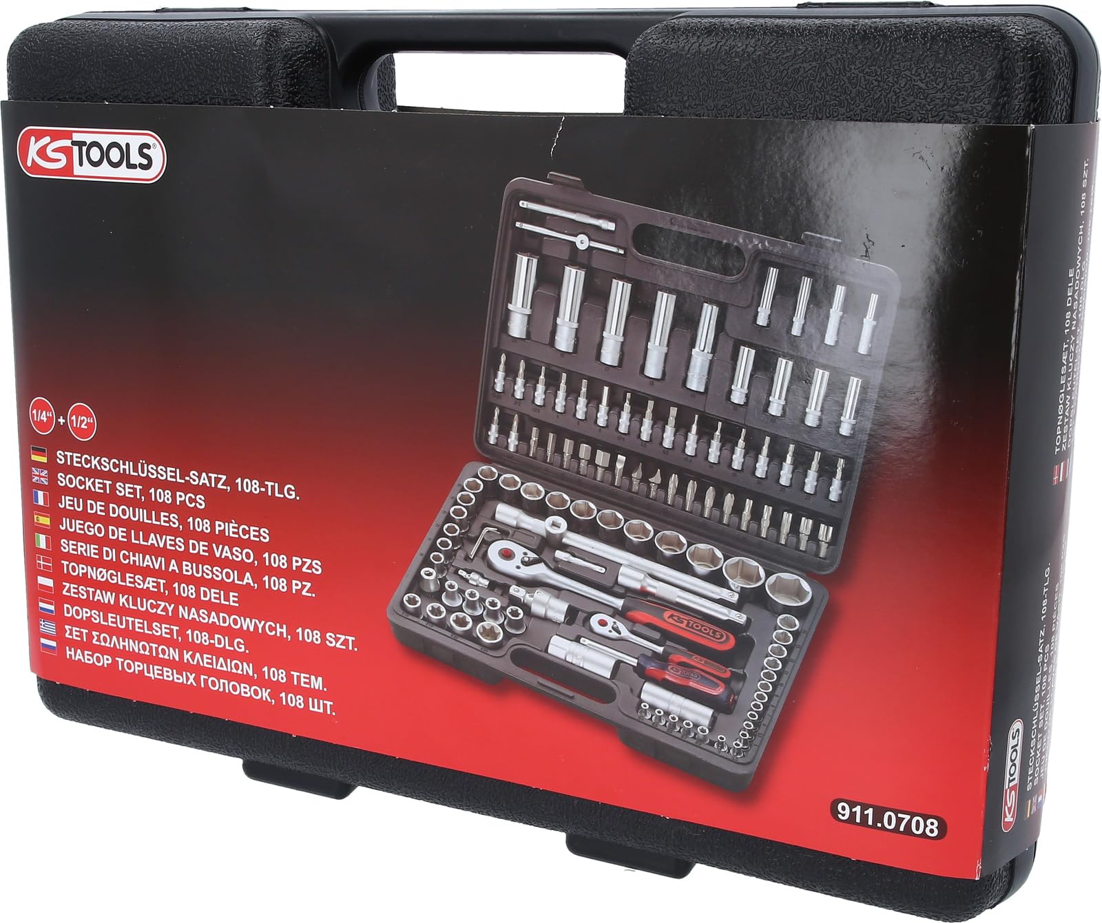 KS Tools 911.0708 1/4 Zoll + 1/2 Zoll Steckschlüssel-Satz | inklusive 2 Umschaltknarren, 45-Zahn | matt satiniert | 108-tlg. | 911.0708, Steckschlüsselsatz