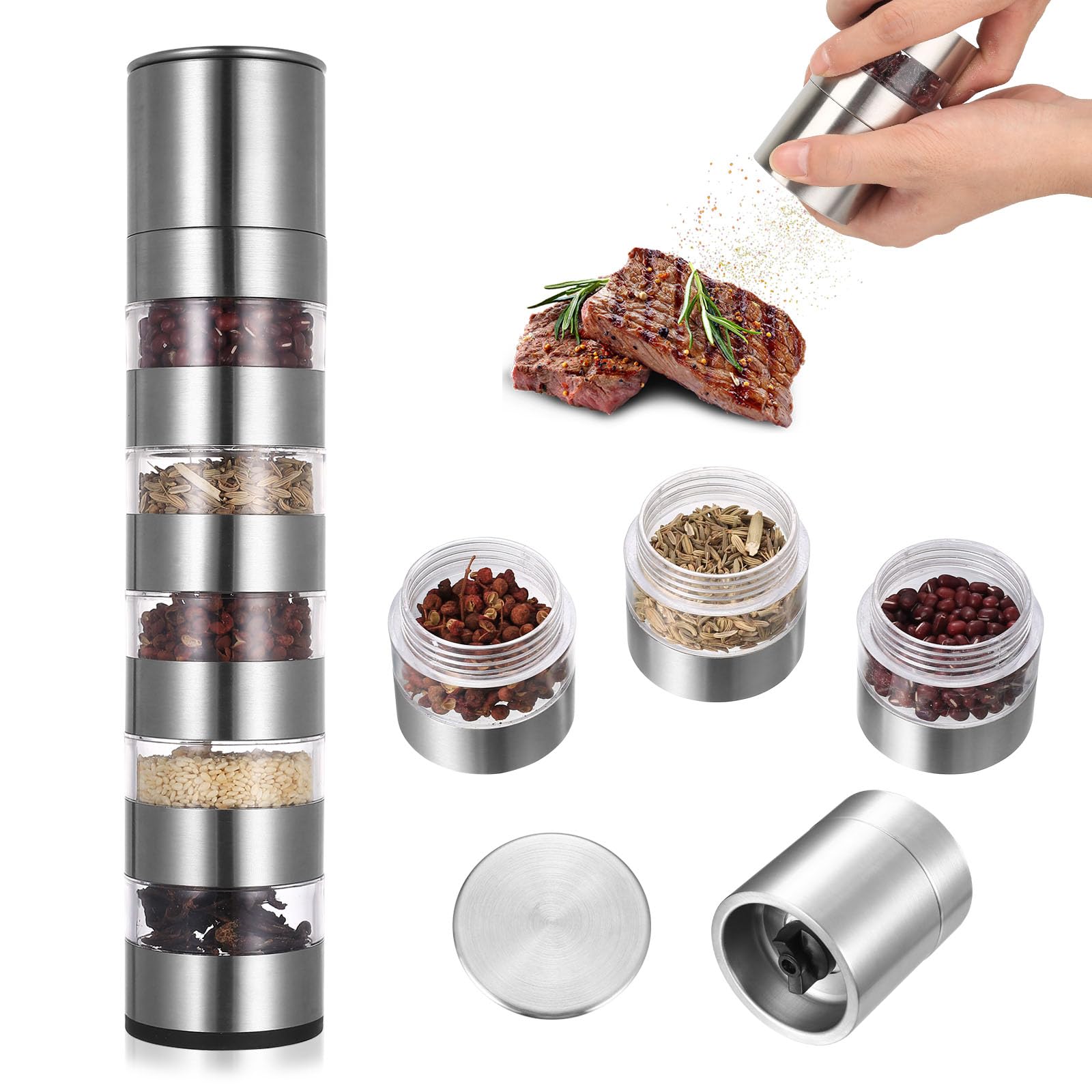 5-in-1 Small Stainless Steel Salt and Pepper Grinder Set Shakers, Portable Salt & Pepper Mill Sets, Mini Spice Jars Container Set for Outdoor BBQ Camping Picnic Peppercorns Seasoning Grinding Sets