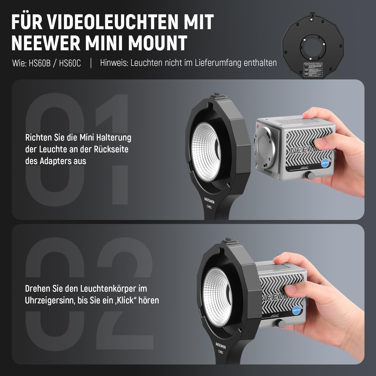 NEEWER Bowens Halterung, Mini zu Bowens Adapterring mit Schirmhalterung, 5/8" Aufnahme, 180° Neigung, NUR für NEEWER Mini Halterungsleuchten, CHB1
