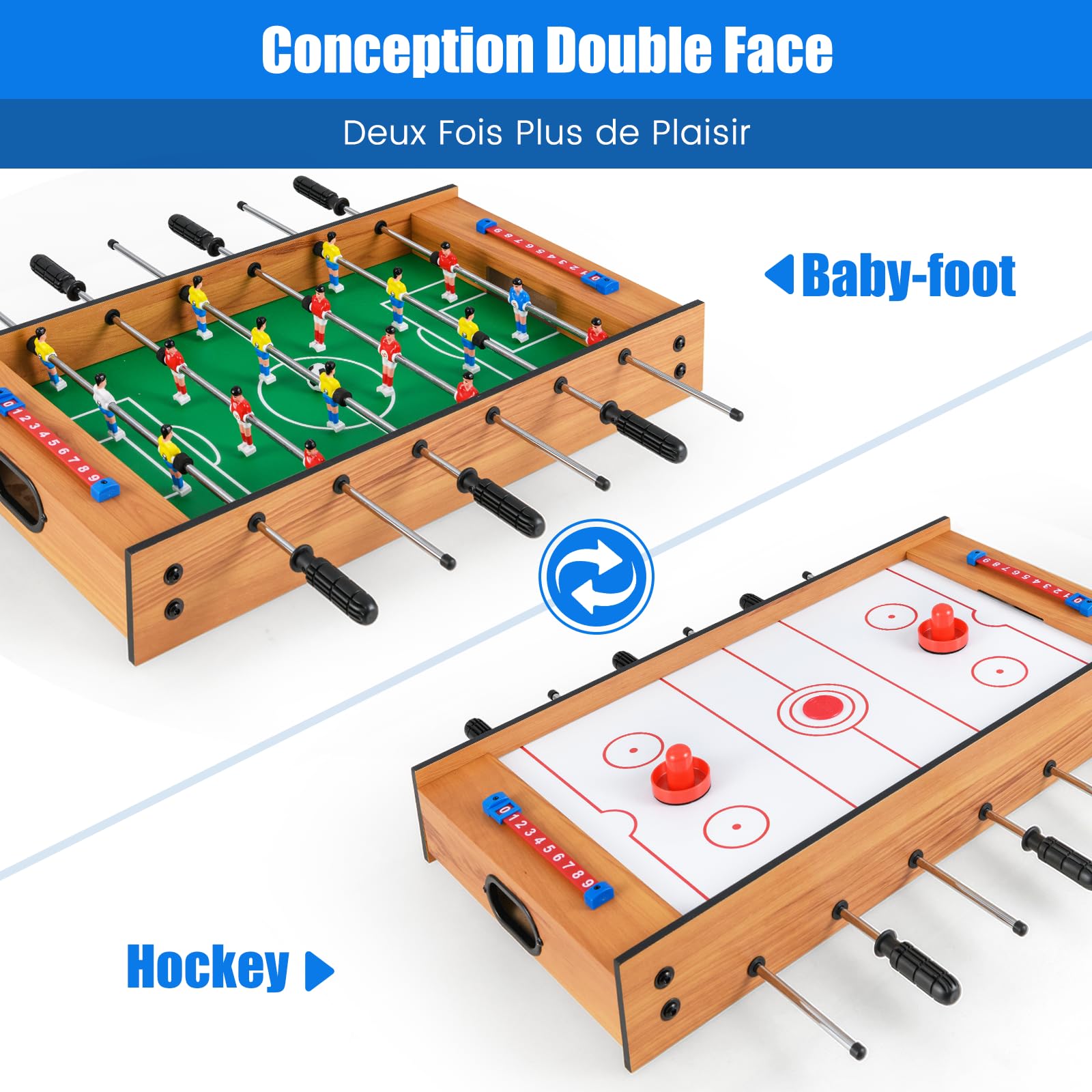 COSTWAY 2 en 1 Baby-Foot en Bois avec Air Hockey & 18 Joueurs, Table de Jeu avec Poignée Antidérapante & 2 Ballons & 2 Palets & 2 Poussoirs, Jouet d'Arcade pour Fête Bar Salle de Jeux