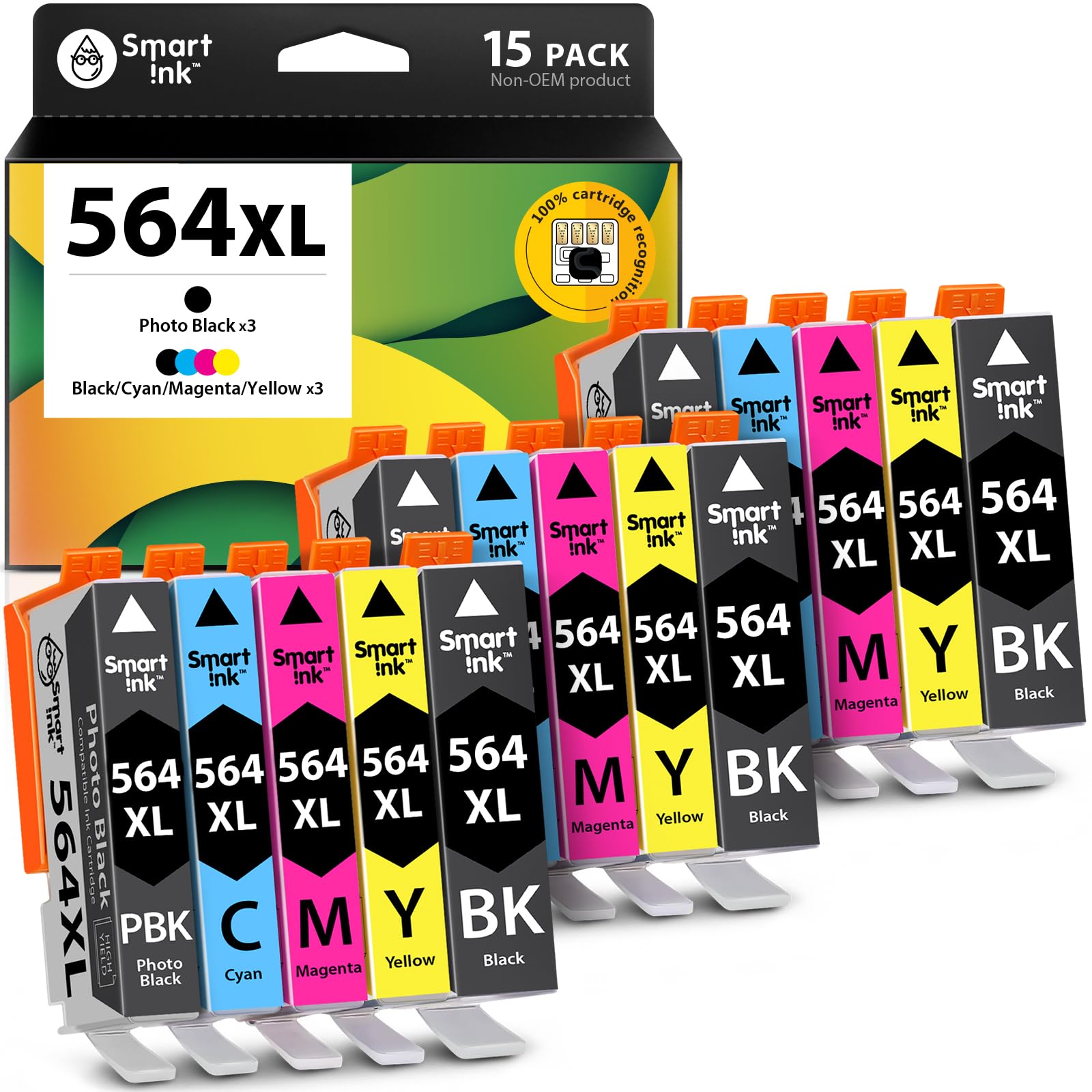Smart Ink Compatible Ink Cartridge Replacement for HP 564 XL 564XL High Yield 15 Combo Pack (3 Black, 3PBK & 3 C/M/Y) for Photosmart 6525 6520 7520