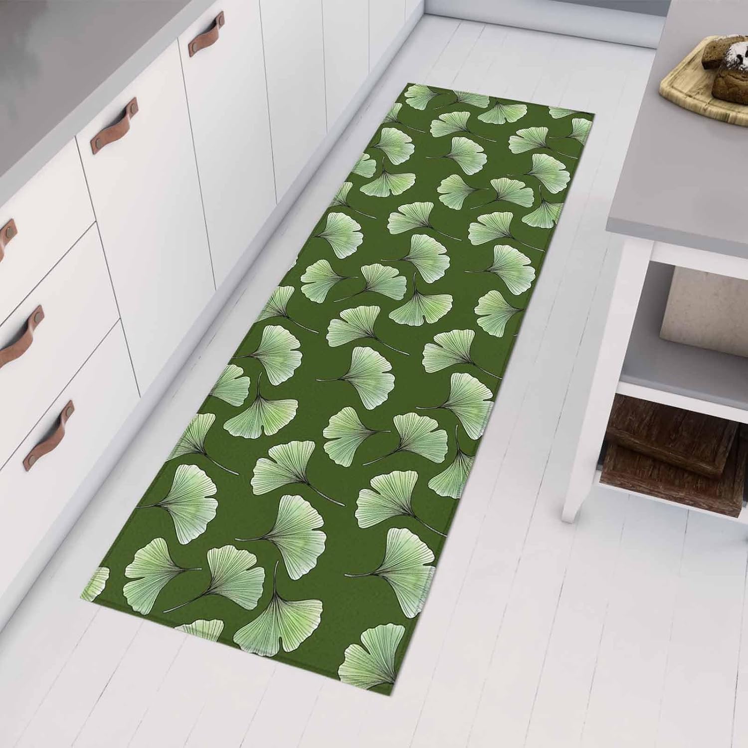 Teamery Kitchen Mats for Floor Minimalist Ginkgo Leaf Washable Non Slip Kitchen Rugs 1PCS, Leaves on Green Background Absorbent Standing Mats for Sink Bathroom Office Living Room 15.7x47.2in