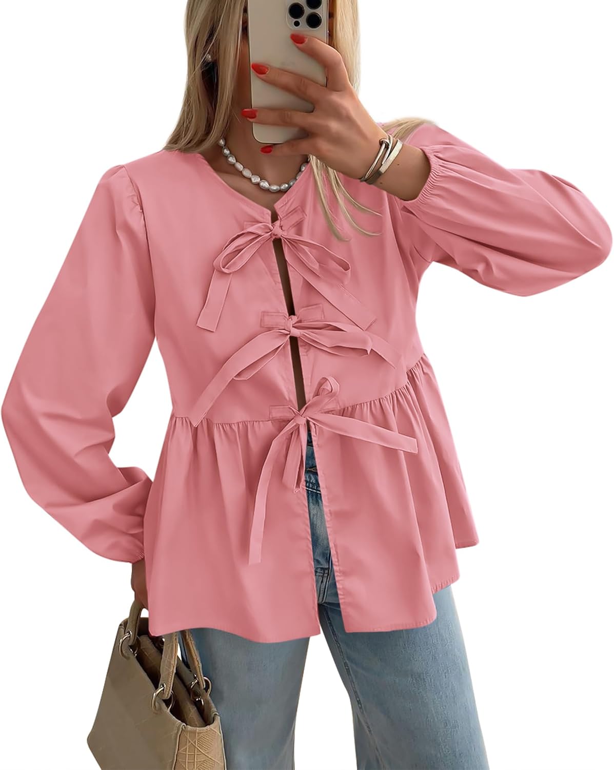 PRETTYGARDEN Women's Spring Fall Babydoll Peplum Blouse Shirt Puff Long Sleeve Bow Tie Front Trendy Cute Y2K Going Out Tops