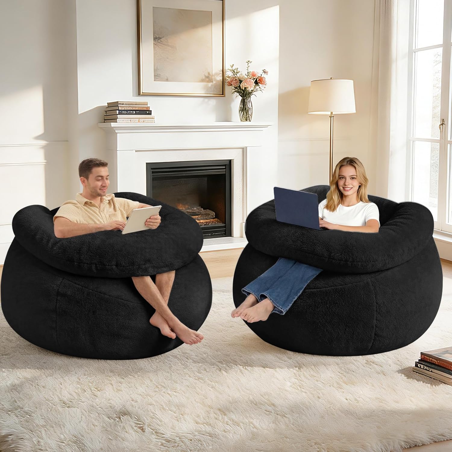 HABUTWAY Giant Bean Bag Chair, Oversized Beanbag Chair with Filler, Ultra Soft Teddy Fleece Bean Bag Lounge Floor Sofa w/U-Shaped Pillow for Gaming, Reading, Black & Black