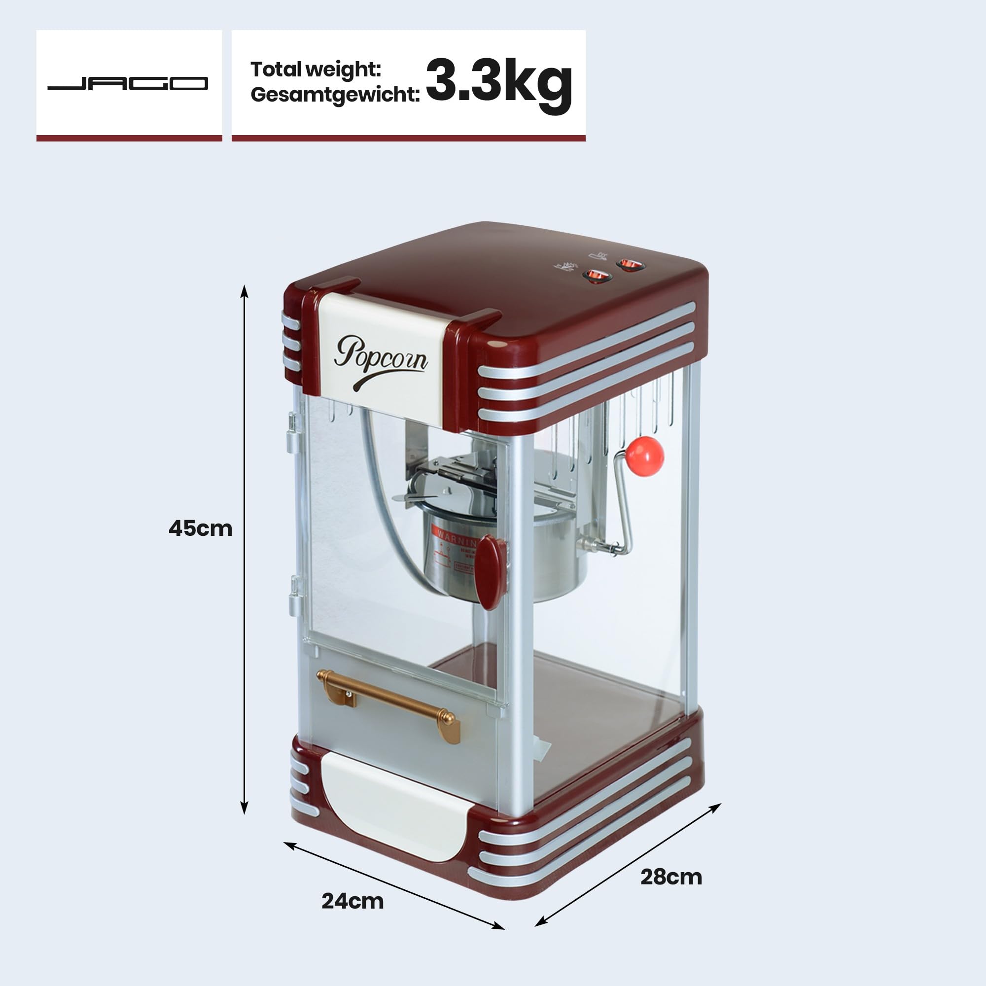 Jago® Maszyna do popcornu retro – 60 l/h, 200 g/10 min, garnek ze stali nierdzewnej, do słonego popcornu – wygląd w stylu lat 50., profesjonalna maszyna robienia, automat