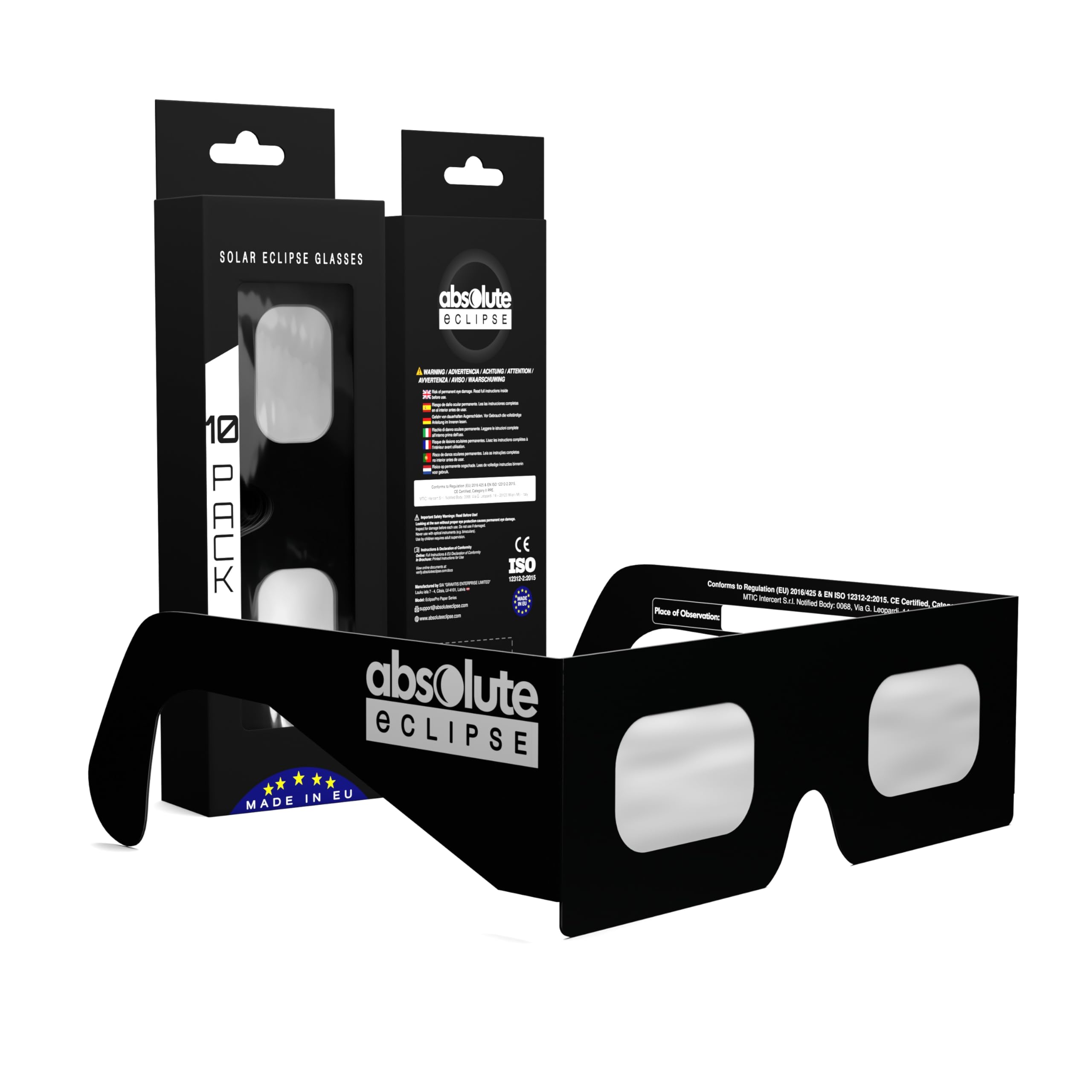 Solar Eclipse Glasses ISO 12312-2 & CE Certified – Safe Solar Viewing for Direct Sun & August 2026 Eclipse | Paper Cardboard Frame, Made in EU | For Kids & Adults | 10 Pack | Helmet