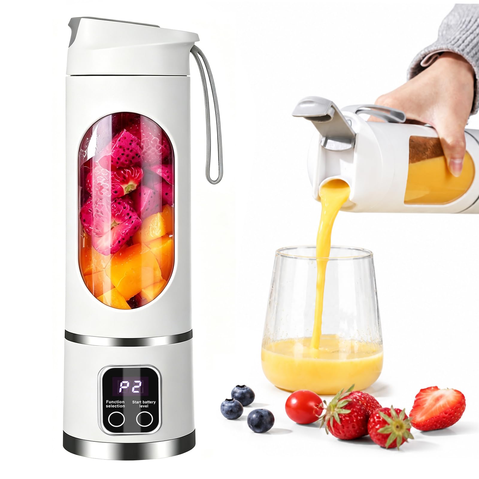 Tragbarer Mixer Smoothie Maker To Go, 500ml Portable Blender mit LED Display und 12 Klingen, USB 1500mAh Elektrisch Mixer, BPA-frei, für Sport, Reisen, Büro, Outdoor (Weiß)