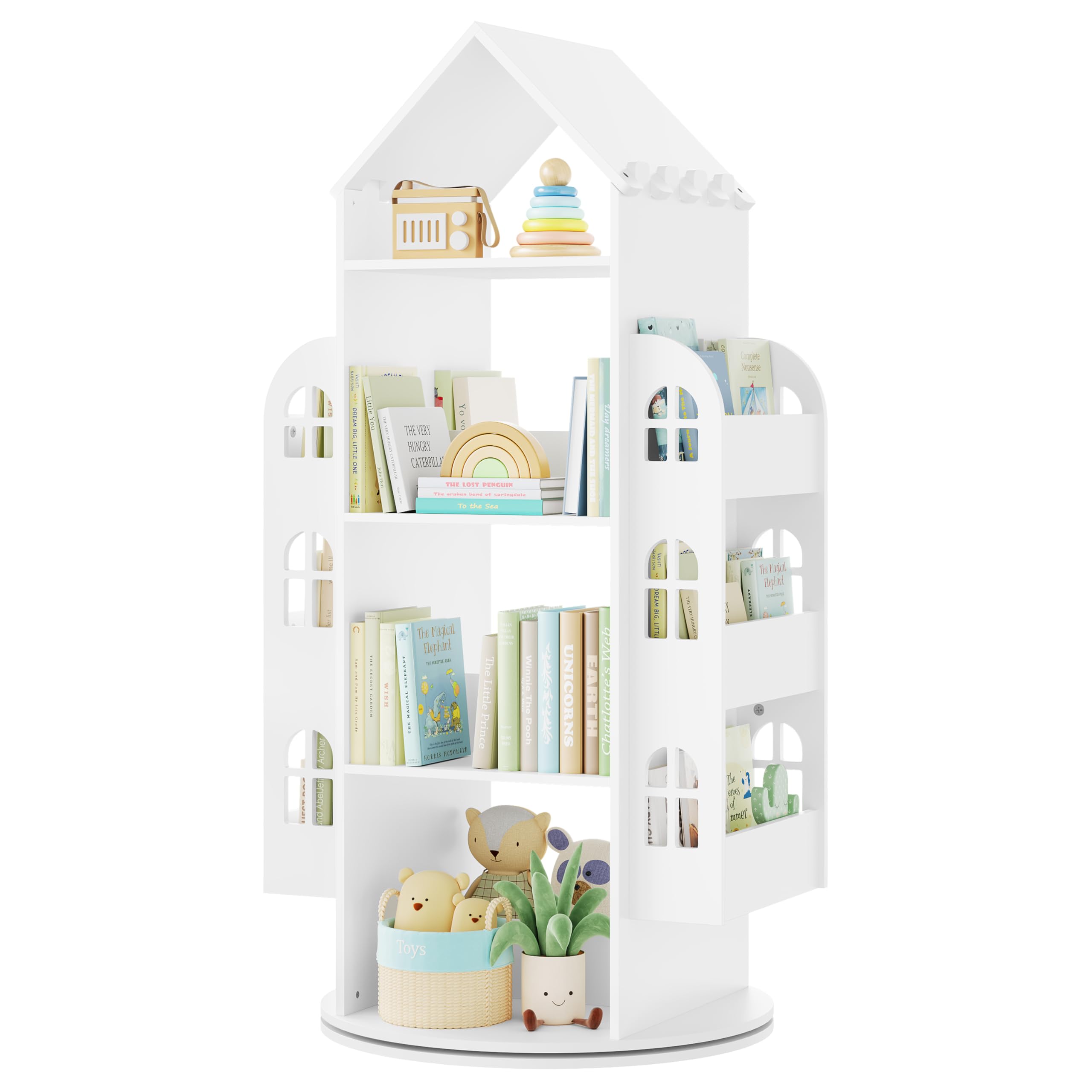 WOLTU Libreria Infantil Giratoria de 4 Niveles, Estanteria Infantil para Libros y Juguetes, Estantería Giratoria en Forma de Casita, 63x59x125 cm, Blanco