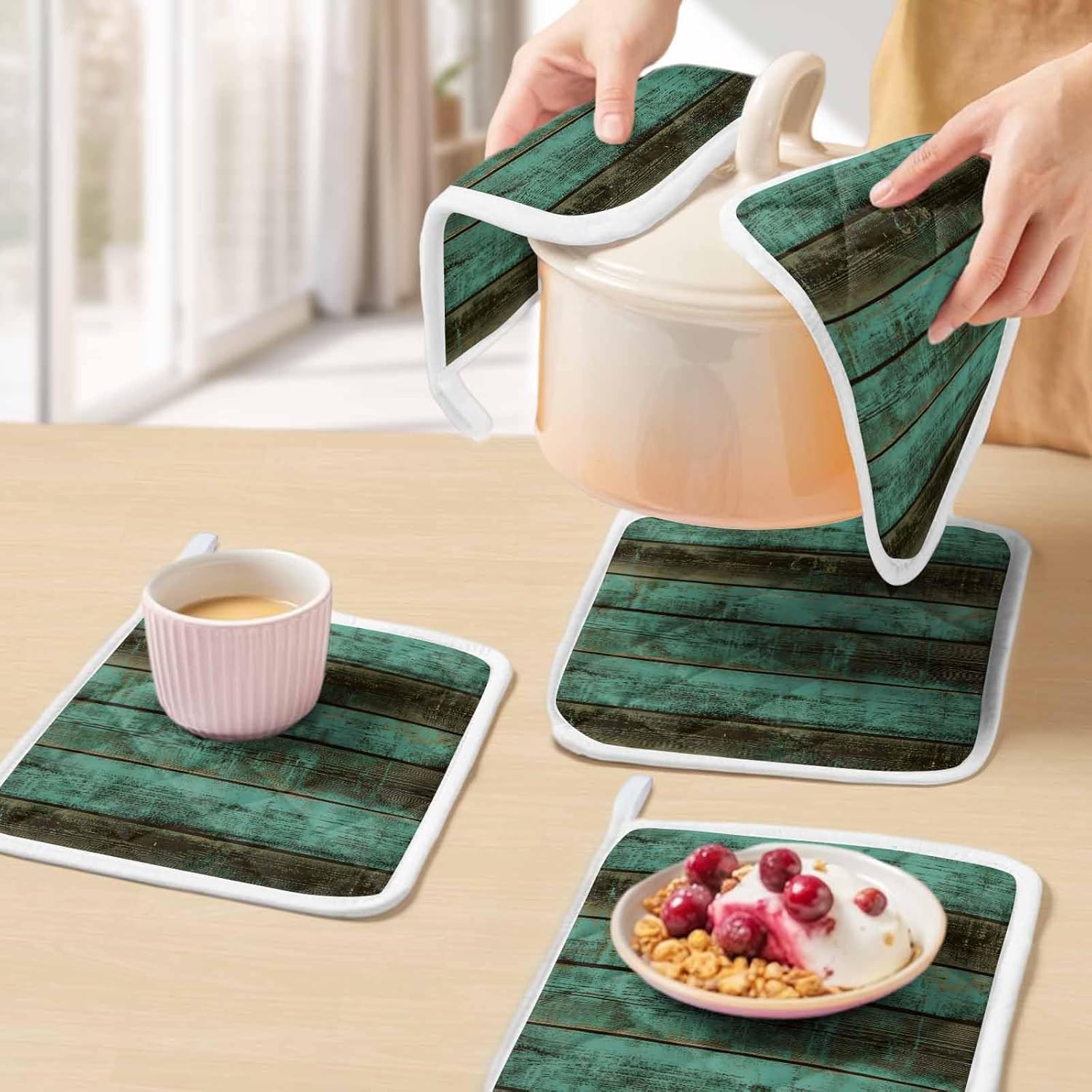 5 Pack Pot Holders for Kitchen, Retro Wood Grain Hot Pads for Kitchen Countertops Oven Pot Holder Bulk, Farm Green Smear Vintage Wooden Heat Insulation Potholders with Hanging Loops