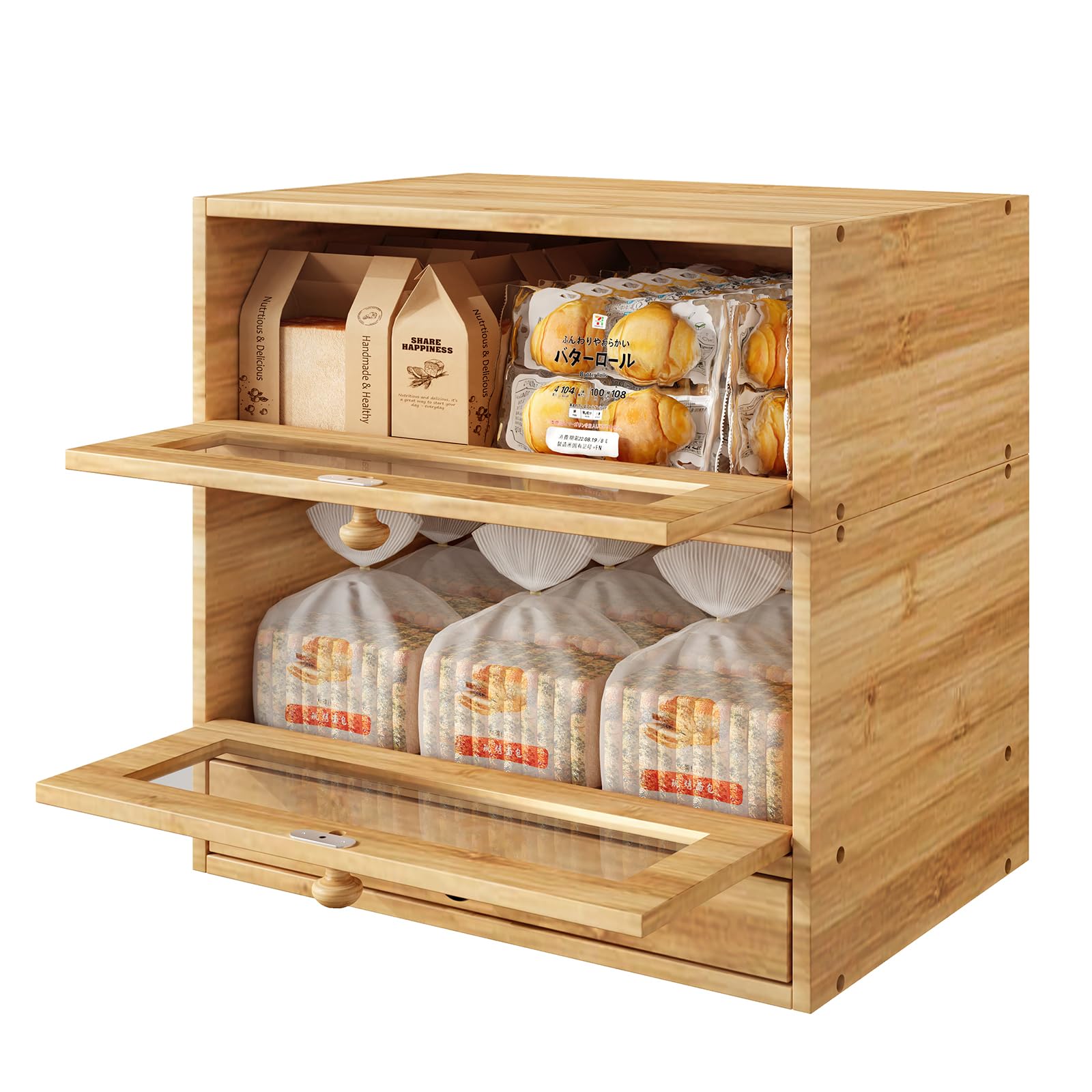 TQVAI Bread Box for Kitchen Countertop, Bamboo Bread Storage Container, 3 Tier Large Bread Bin with Window & Silverware Tray - Assembly Required, Original