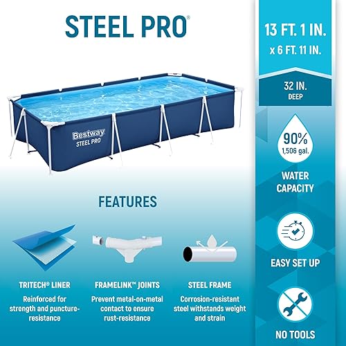 Vista 26 de Bestway Steel Pro - Juego de piscina rectangular sobre el suelo de 12 x 6 pies 7 pulgadas x 26 pulgadas con forro DuraPlus y sistema FrameLink, gris