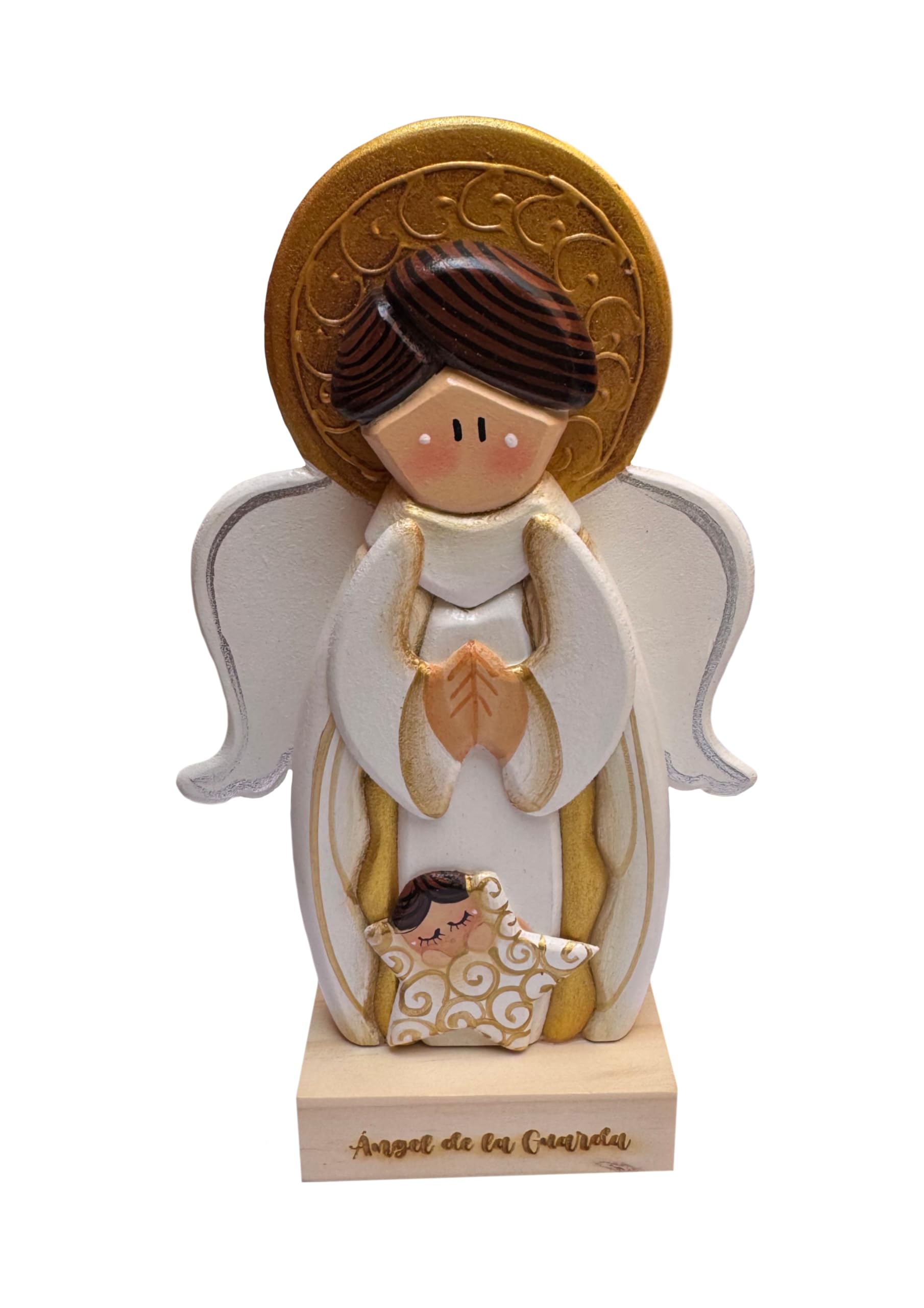 Estatua de ángel de la guarda de madera hecha a mano