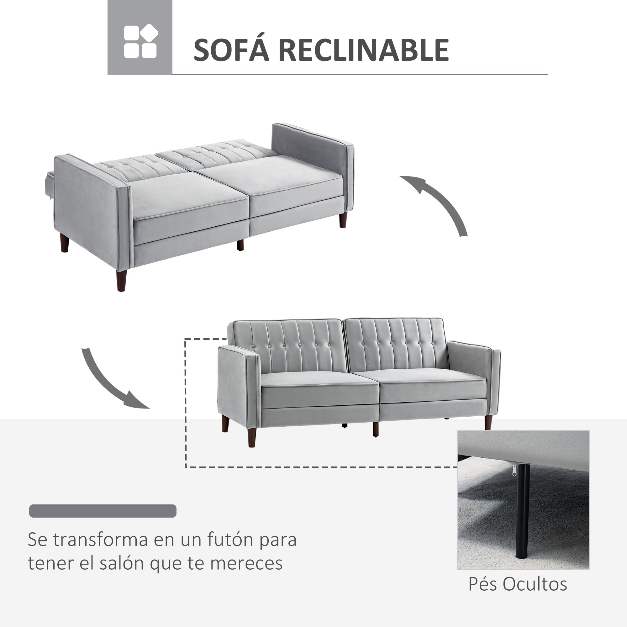 HOMCOM Sofá de 3 Plazas Convertible en Cama Tapizado en Terciopelo con Respaldo Ajustable y Patas de Madera Sofá Moderno para Salón Oficina 189x81x83,5 cm Gris