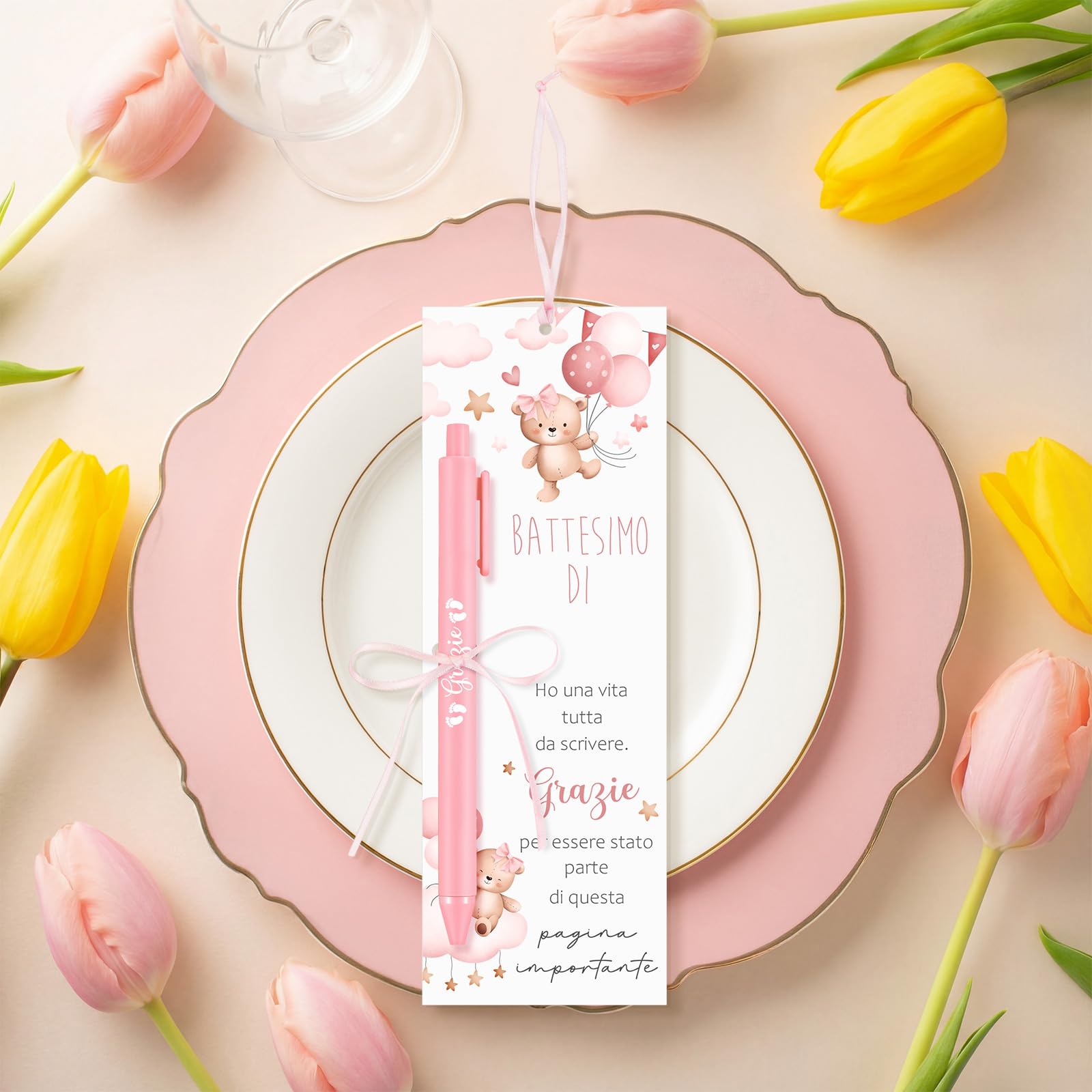 Tenare 30 Pezzi Segnaposto Battesimo Bimba Orsetto Segnalibri con Grazie Penna e Nastro Bomboniera Battesimo Bambina Regalo di Ringraziamento per gli Ospiti per Baby Shower Decoración da Tavola(Rosa)