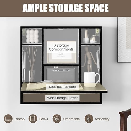 Miniatura 6 de IFANNY Escritorio de pared plegable, escritorio de madera montado en la pared con cajón de almacenamiento y estantes, escritorio plegable para