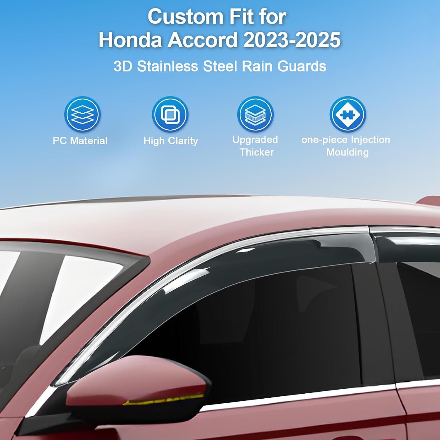 Sze Rain Guards for Honda Accord 2023-2026 LX EX-L Sport Touring Side Window Deflectors Anti-Rain Window Visors with Tape 304 Stainless Steel Trim All-Weather Protection Outside Channel-4pcs