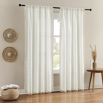 HOMEIDEAS Ivory Cream Boho Curtains for Bedroom, Farmhouse Linen Sheer Curtains 96 inches Length 2 Panels Set, Rod Pocket Privacy Light Filtering Living Room Country Rustic Drapes