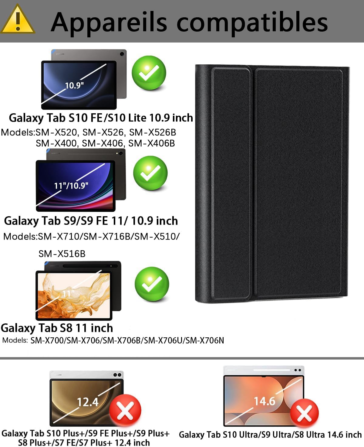 Pour Samsung Galaxy Tab S10 Lite/S10 FE (2025)/S9 FE/S9 (2023)/Tab S8 (2022)/Tab S7 (2020) 10.9-11Pouces Coque Étui Avec Bluetooth Français (AZERTY) Clavier Rétroéclairé Souris Backlight Keyboard Case