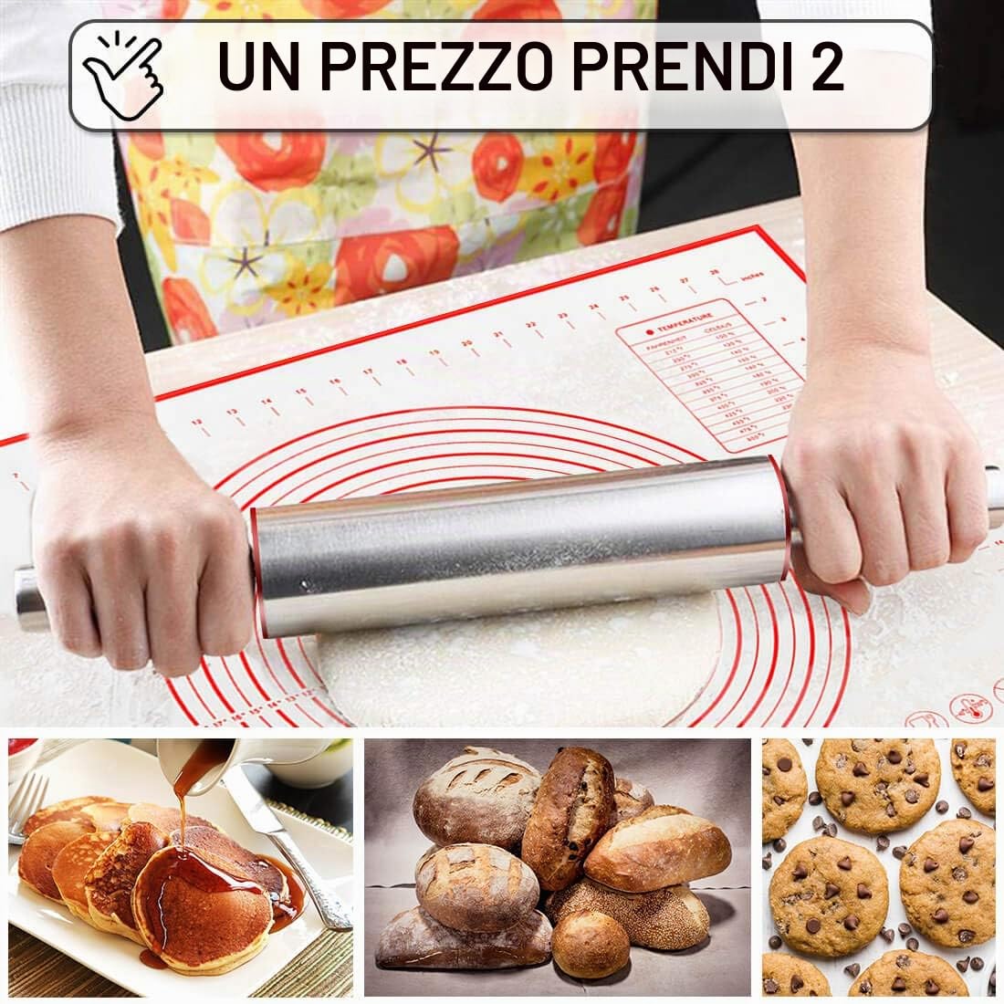 Mattarello Acciaio Inox con Manici | Mattarello Antiaderente con Tappetino Silicone | Mattarelli Rullo per Pasta di Zucchero, Ravioli, Biscotti, Tortellini, Fondente, Pizza, Pasta Sfoglia | 44.9*5.9cm