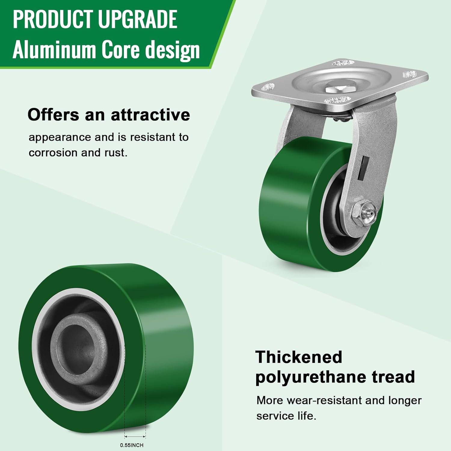 4 Inch Caster Wheels, Aluminum Core Thickened Polyurethane Industrial Casters, Heavy Duty Casters Capacity up to 900LB Per. Use for Platform Truck,Workbench (2 Rigid)