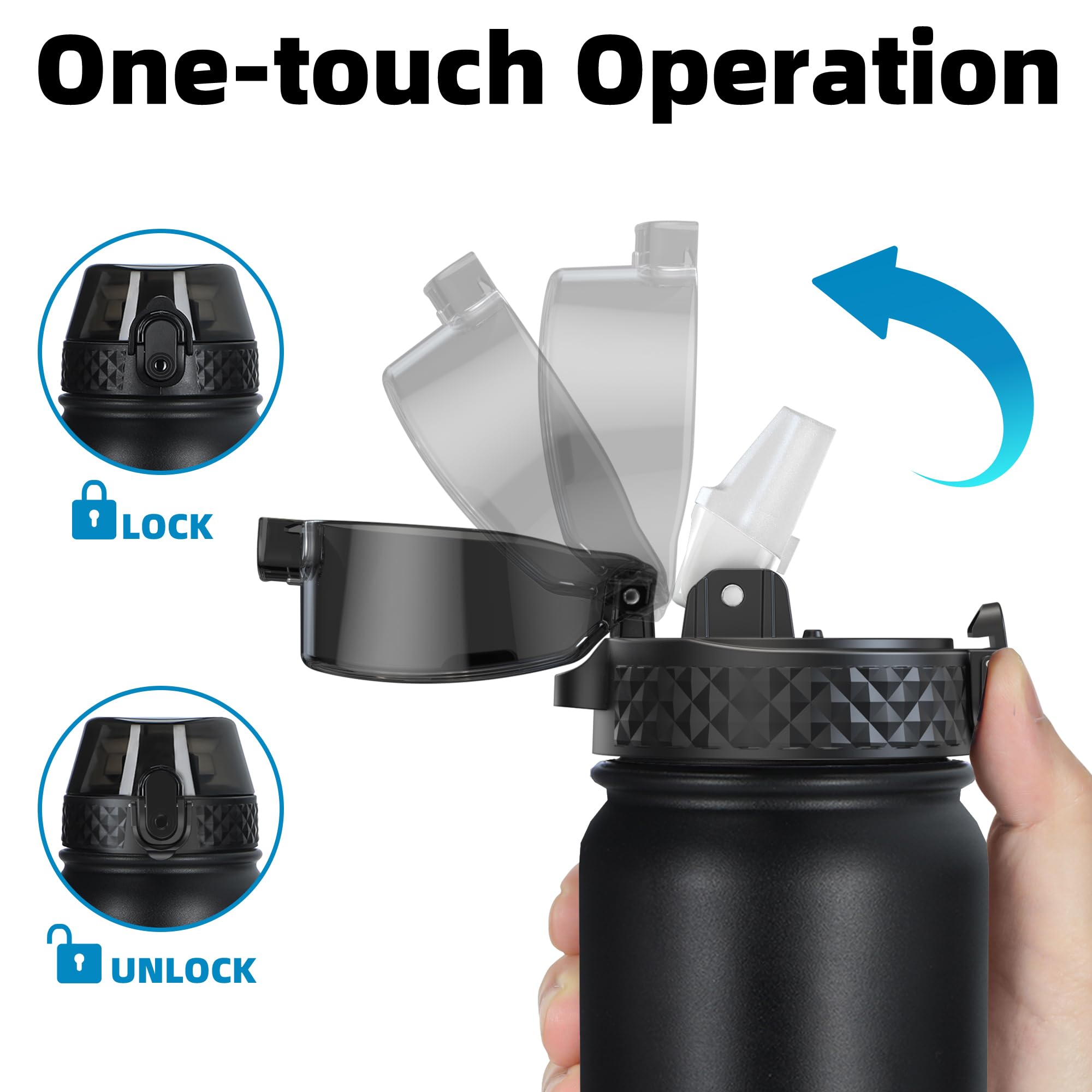 OLDLEY Stainless Steel Water Bottle with Straw 1L Vaccum Insulated Large Drink Flask Metal Water Bottles 1 Litre Leakproof Keep Drinks Hot Cold for Sports Gym Travel Adult Women Men(Black Grey - Image 3