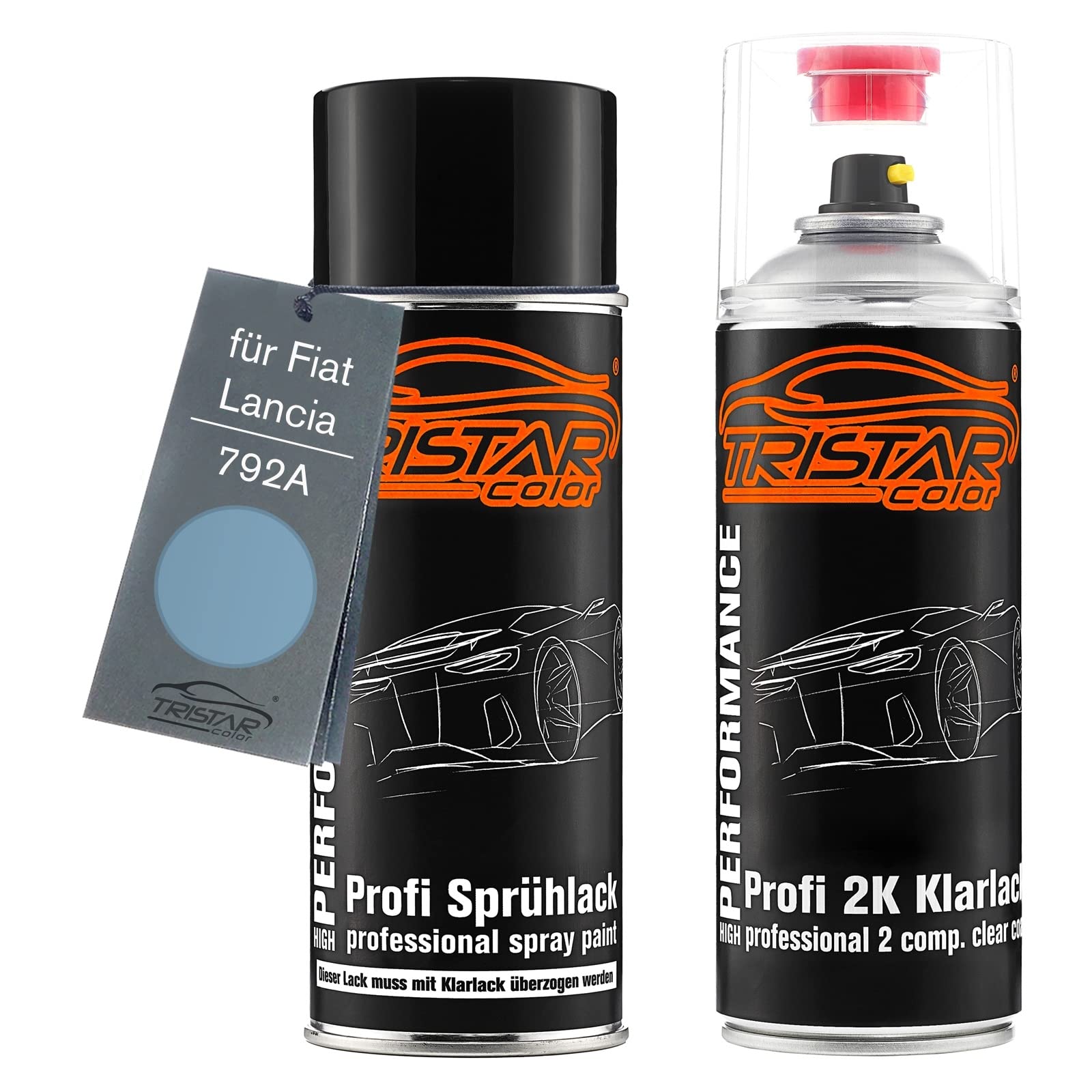 TRISTARcolor Vernice per auto Kit bombolette spray 2K per Fiat/Lancia 792A Azzurro Lagoon Metallic/Azzurro De Chirico Metallic Vernice di base 2 componenti vernice trasparente