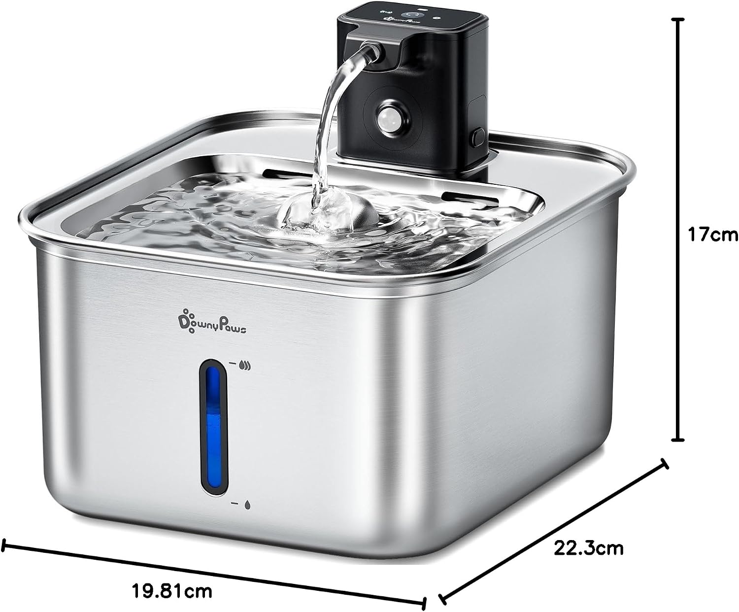 DownyPaws Wireless Cat Water Fountain with dimensions