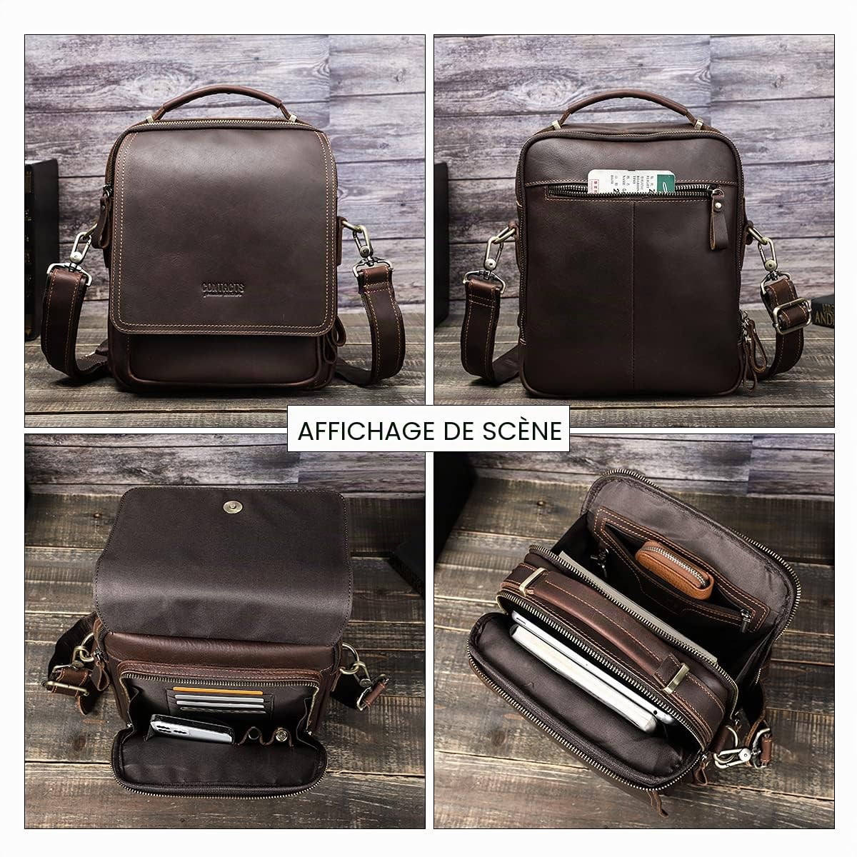 Contacts Sac à bandoulière en cuir pleine fleur pour homme - Convient aux tablettes de 9,7" - Pour le travail, le bureau, les affaires, les sacs à main avec porte-clés et porte-cartes