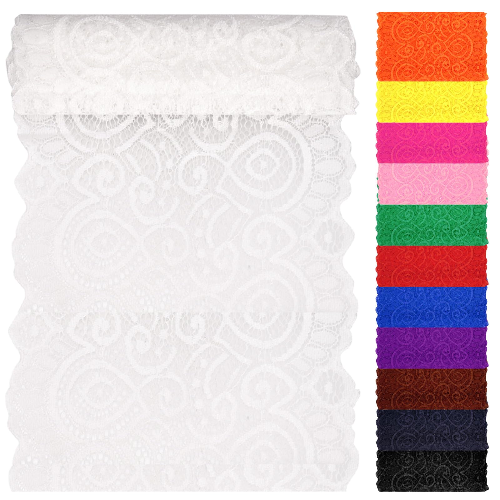 Swpeet 5 Yard by 7" Wide White Lace Fabric Stretch Elastic, Trim Lace Ribbon, Elastic Sewing Trim Ribbon for Garment, Headbands, Wedding Bouquet Making DIY Crafts