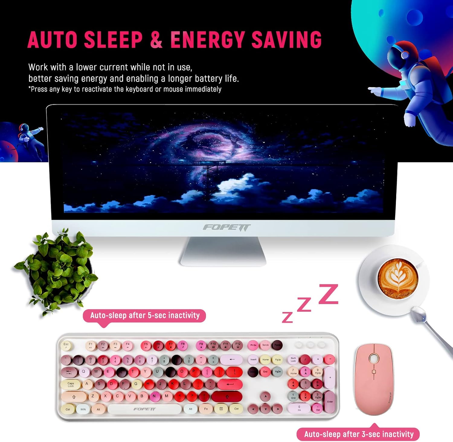 FOPETT Wireless Keyboard and Mouse Sets,Reliable 2.4 GHz Connectivity for PC,Laptop,Smart TV and More (White Colorful) - Image 4