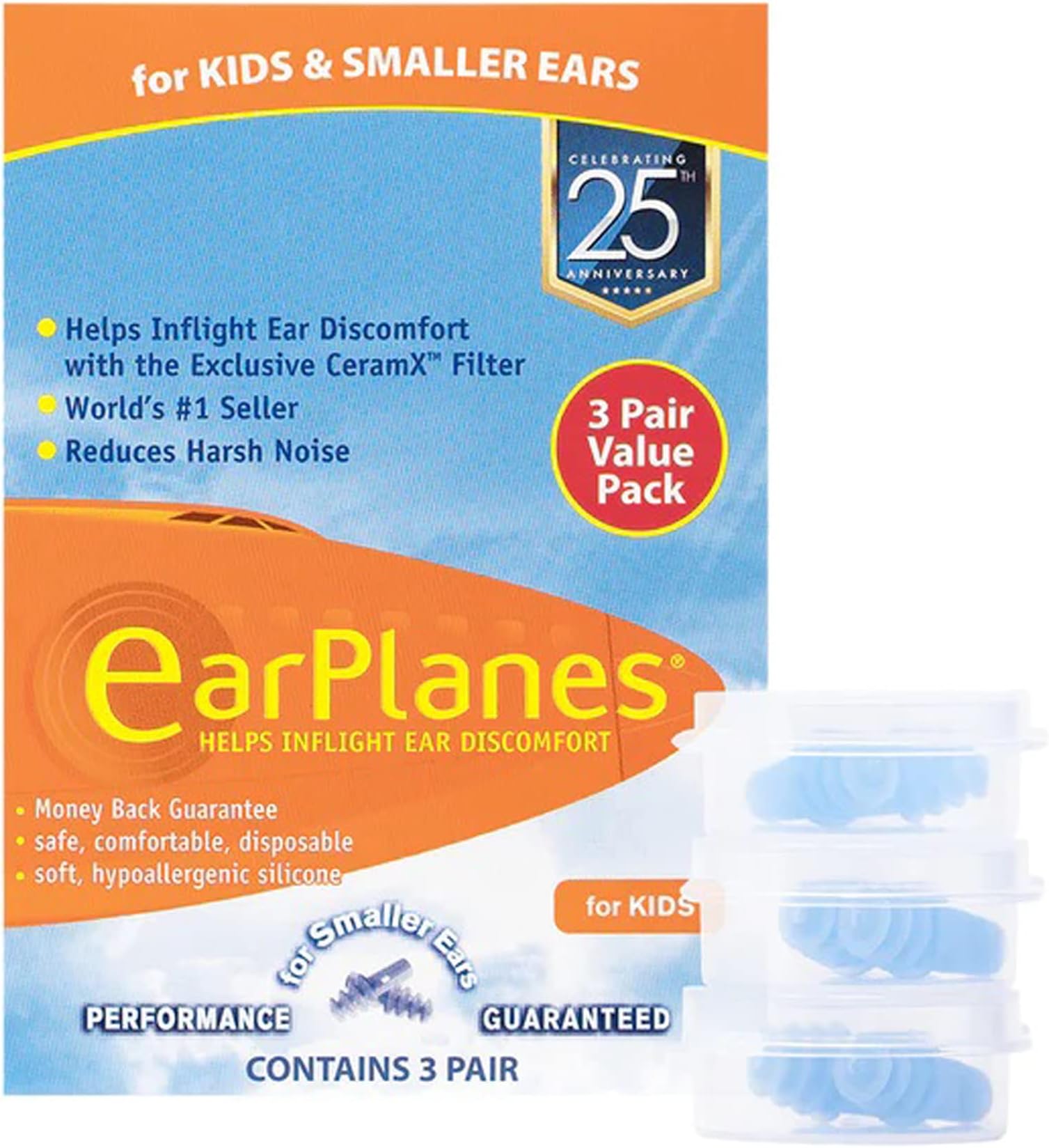 James InternationalKids EarPlanes, Earplugs Airplane Travel Ear Protection, Prevent in flight ear discomfort, EarPlanes the original pressure preventing earplug for both Kids and adults (Kids 3 Pair)