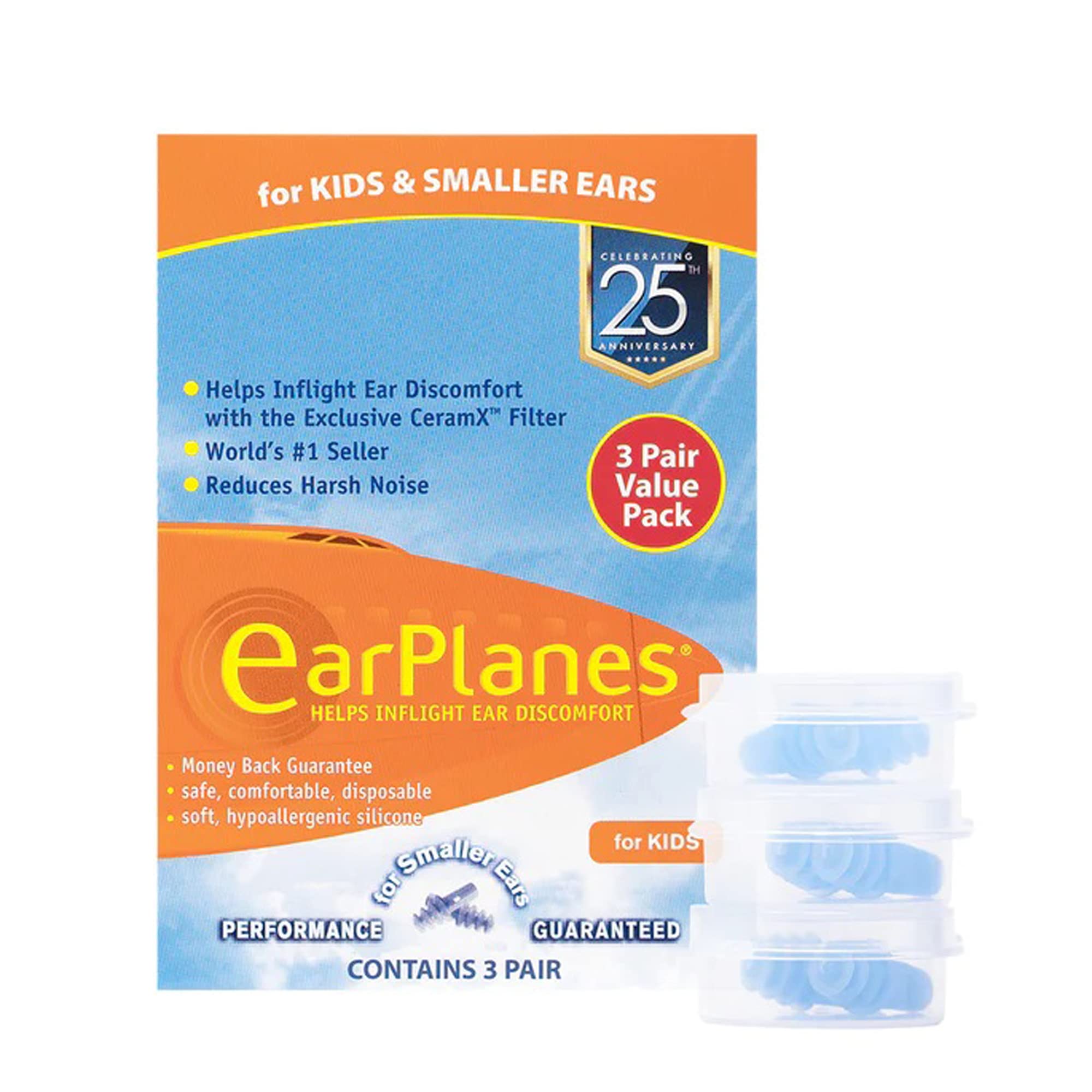 James InternationalKids EarPlanes, Earplugs Airplane Travel Ear Protection, Prevent in flight ear discomfort, EarPlanes the original pressure preventing earplug for both Kids and adults (Kids 3 Pair)