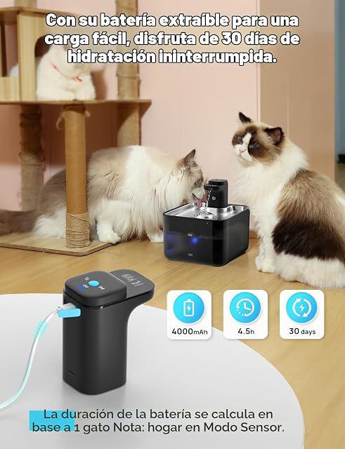 Foto 3 de 8 de KYG Fuente de Agua para Gatos Inalámbrica 3L, Bebedero Automático con Sensor de Movimiento