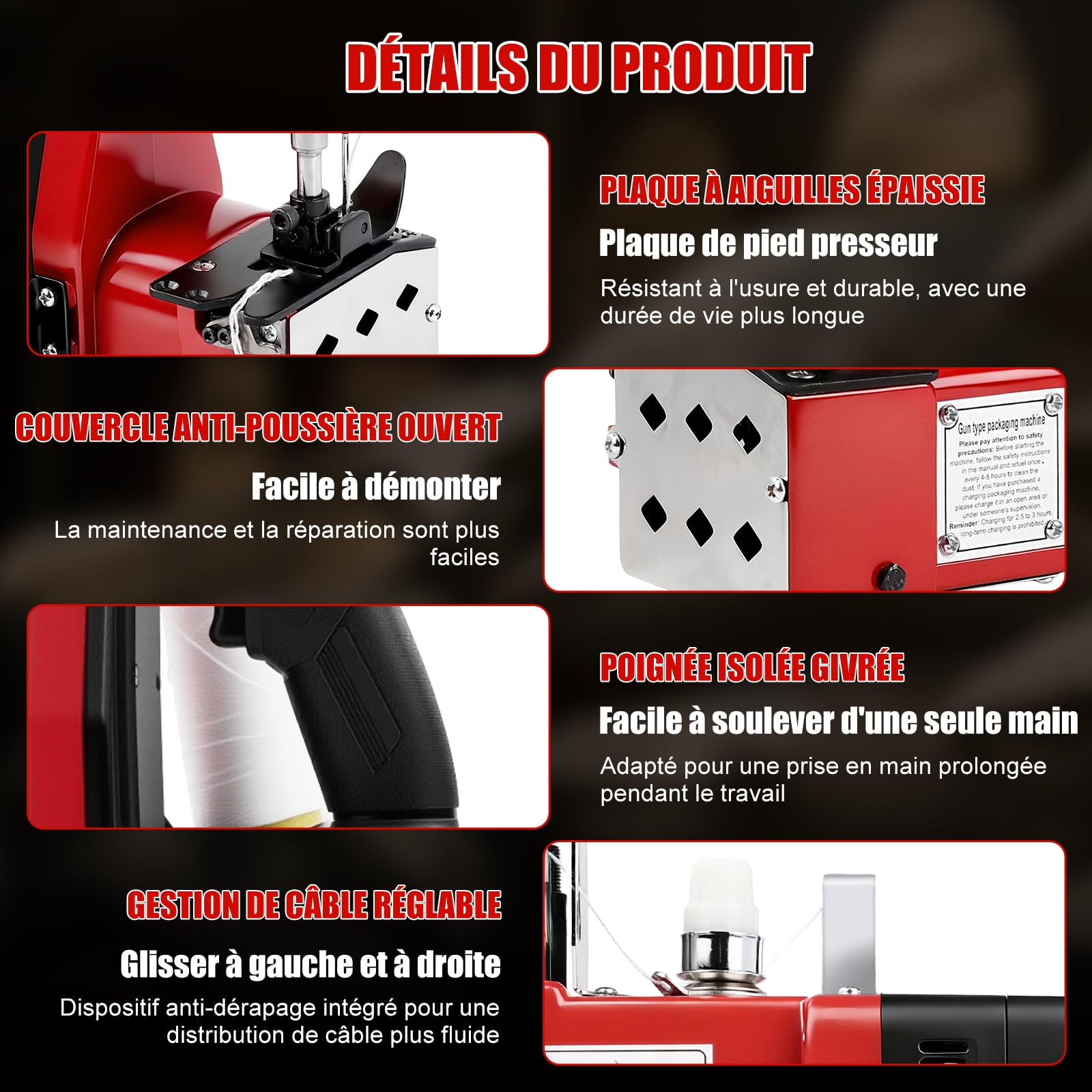 Machine à Coudre Électrique pour Sacs, 21V Machine de Fermeture de Sac avec 2 Batteries 1300mAh, 210W Portable Sac Machine à Coudre Sans Fil, Épaisseur 0,2-10 mm, pour Sacs en Tissu, à Sable, en Jute